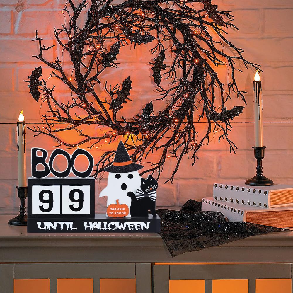 Halloween Countdown Wooden Block Decor – 99 Days to Halloween with Ghost, Cat & Pumpkin Ornaments