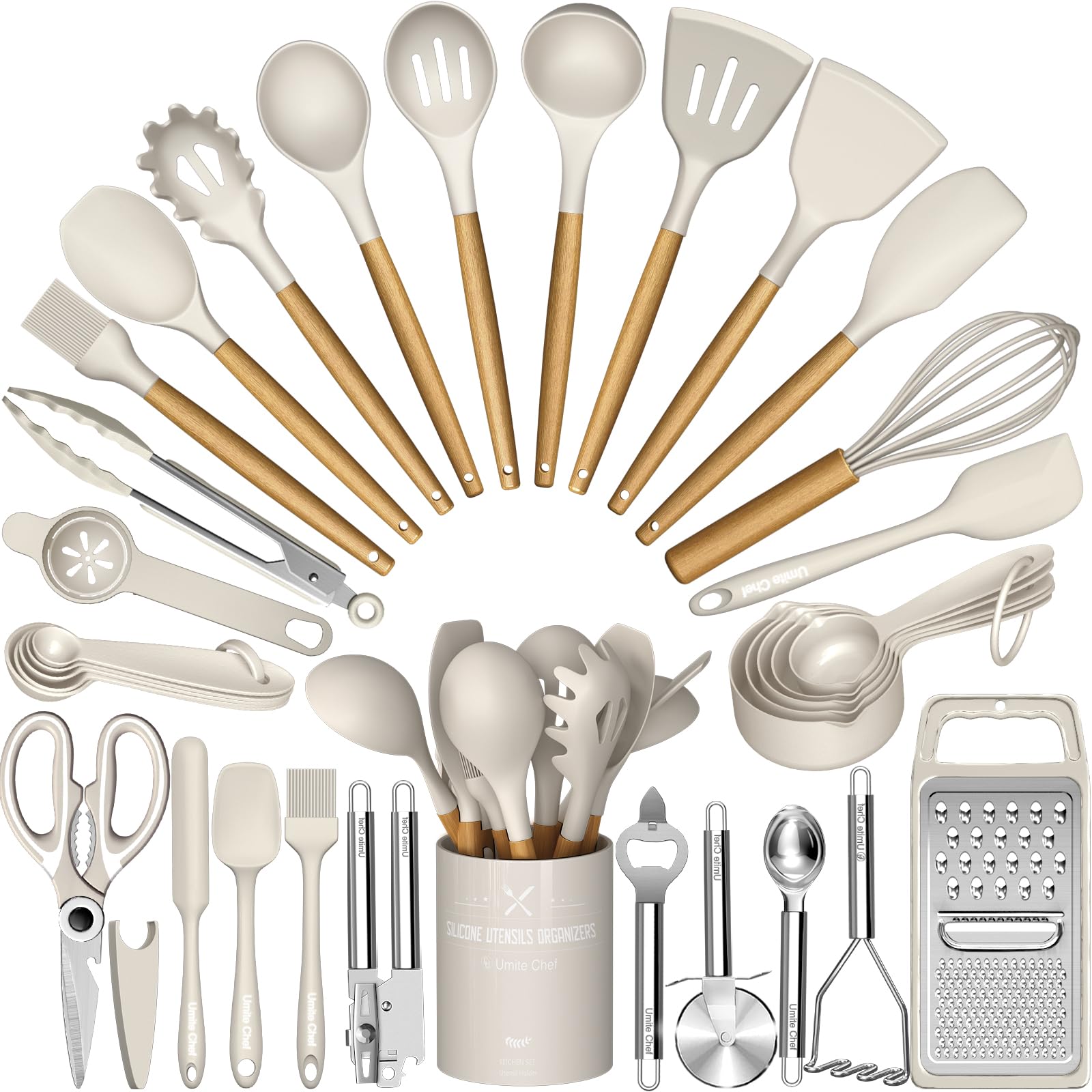 34-Piece Silicone Kitchen Utensils Set with Wooden Handles & Holder – BPA-Free Cooking Tools