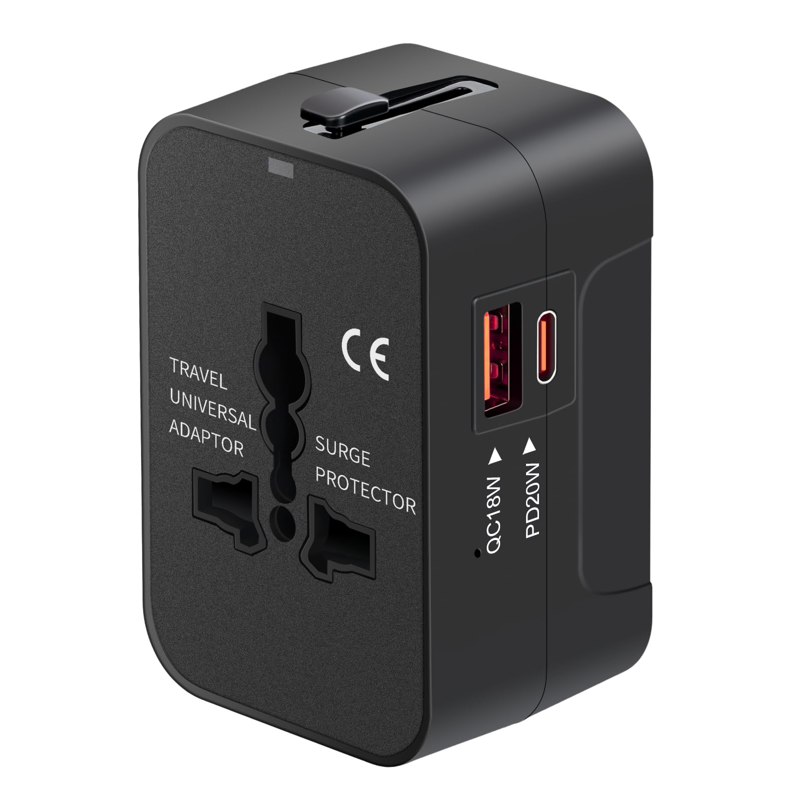 Universal Travel Adapter with USB-C PD 3.0 – GaN Fast Charger, Worldwide All-in-One Plug (US/EU/UK/AU, Black)