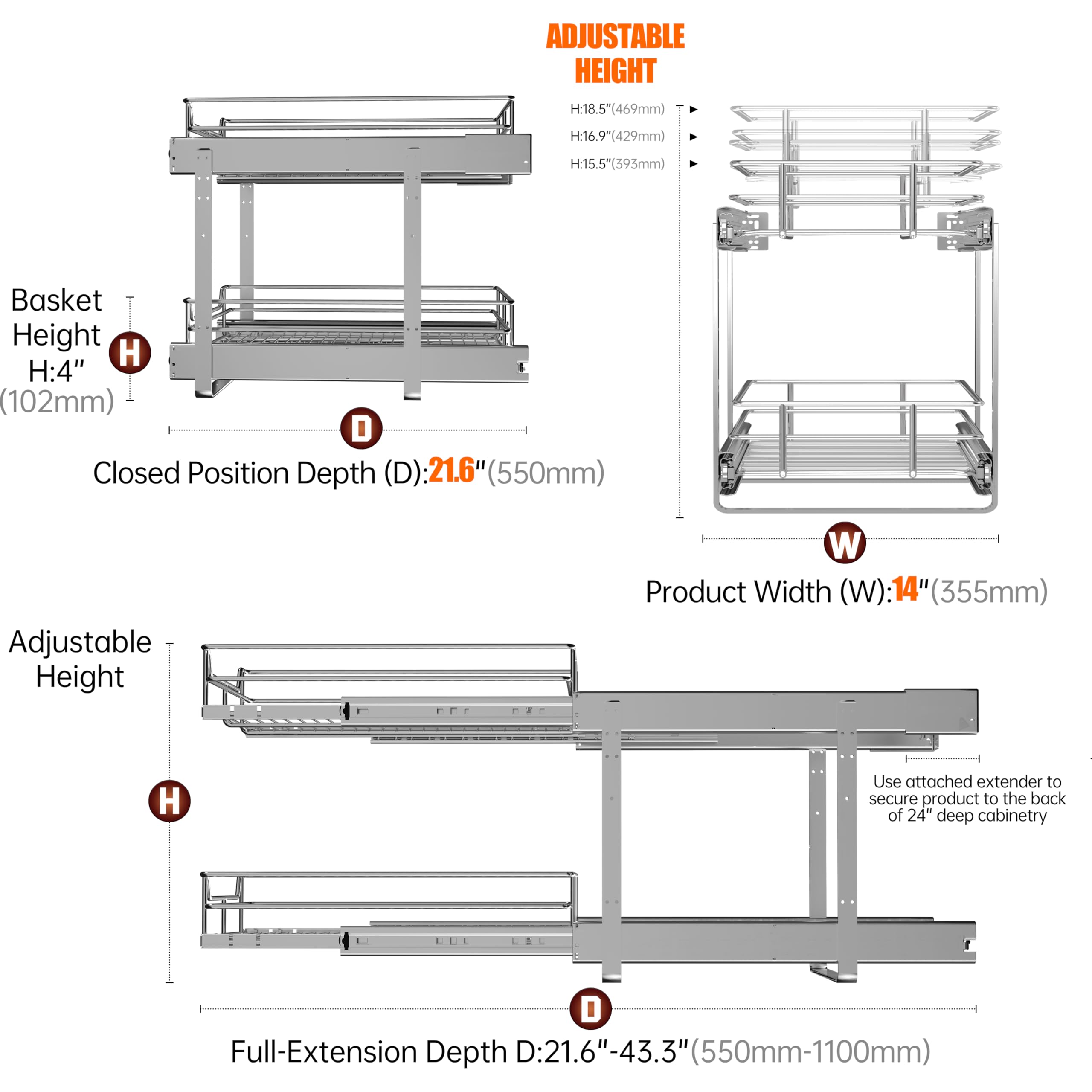 Jowboow Compact 2-Tier Metal Pull-Out Cabinet Shelves – Adjustable Slide-Out Organizer for Narrow Cabinets