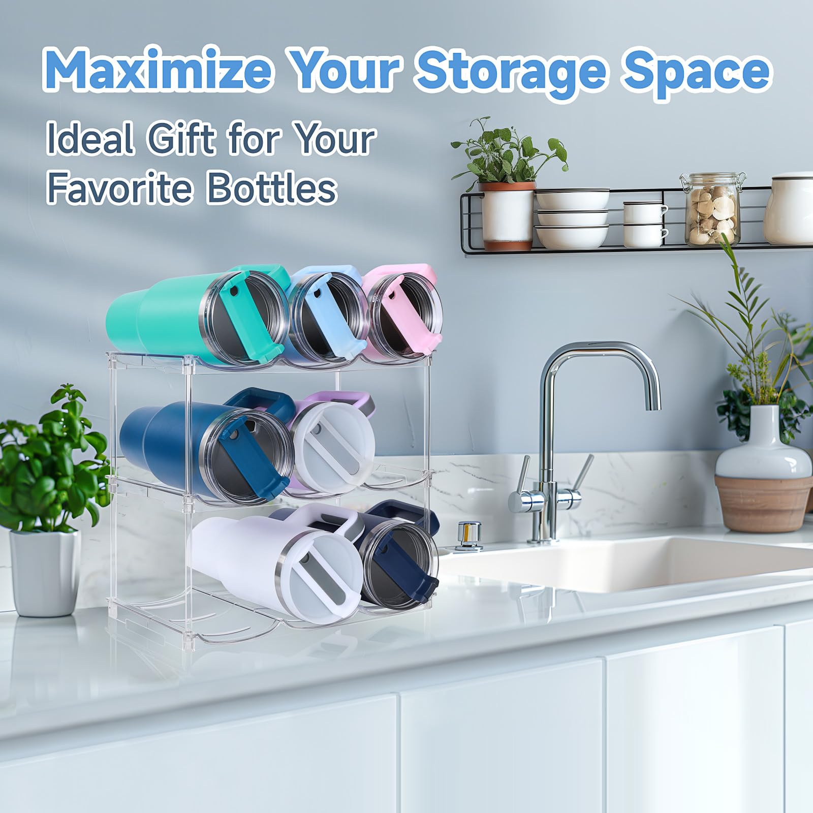 Stackable Water Bottle Organizer (3-Pack) – Clear Storage Rack for 40 oz Tumblers, Cabinets & Pantries