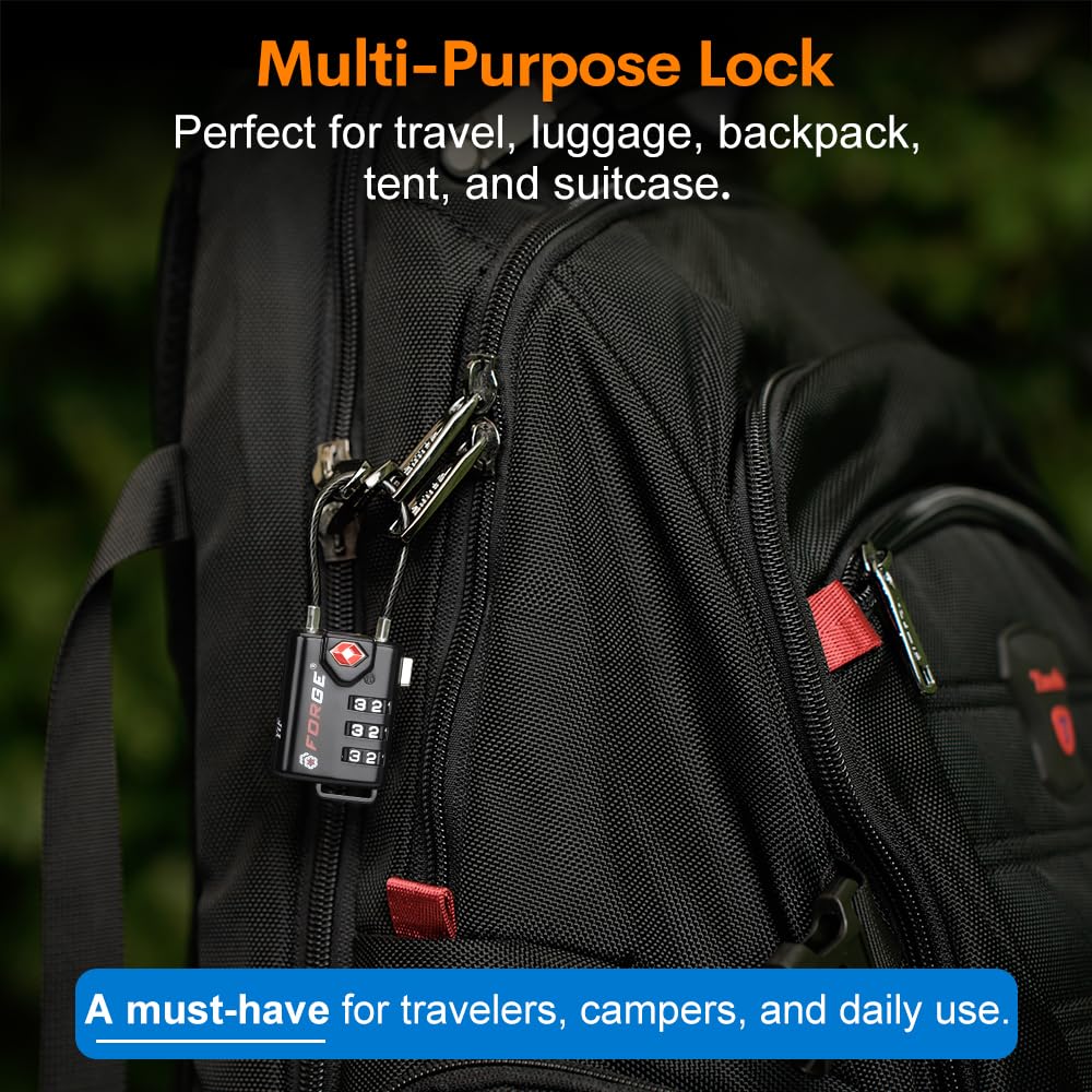 Forge TSA Approved Cable Luggage Locks 4 Pack, Durable 3 Digit Combination Travel Locks for Suitcases, Backpacks & Gym Bags
