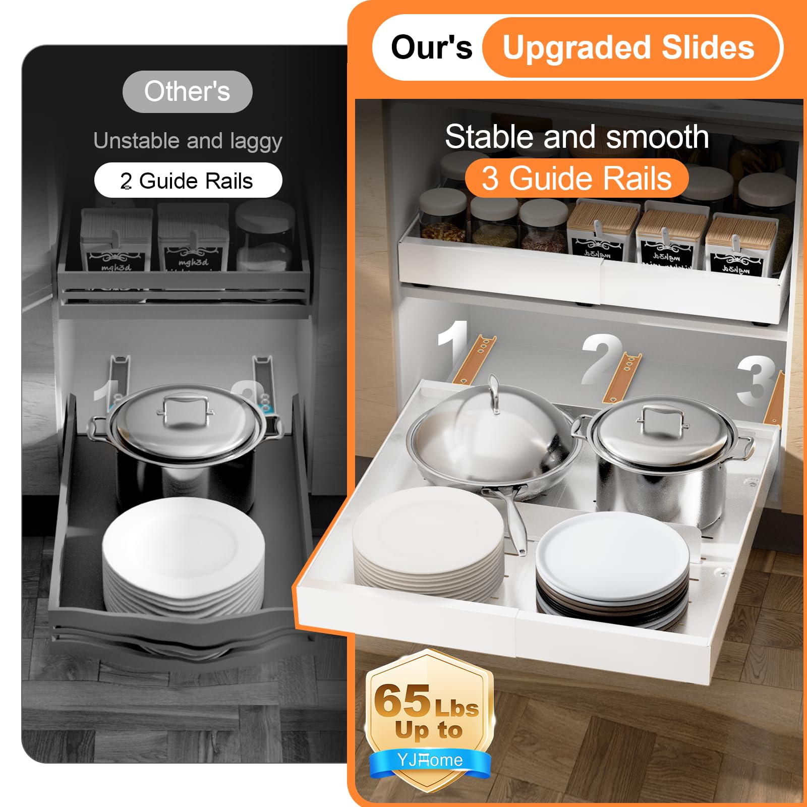 YJHome White Expandable Pull-Out Cabinet Organizer – No-Drill Adjustable Slide-Out Drawers with 3-Rail System (2 Pack)