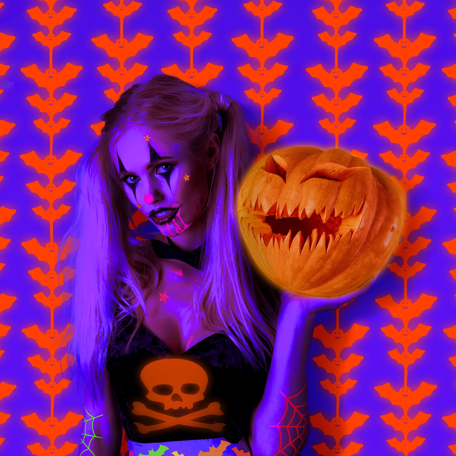 Halloween Glow in the Dark Bat Foil Fringe Curtains – 2 Pack Fluorescent Orange Tinsel Backdrop for Neon Party & Photo Booth (3.3x6.6ft)