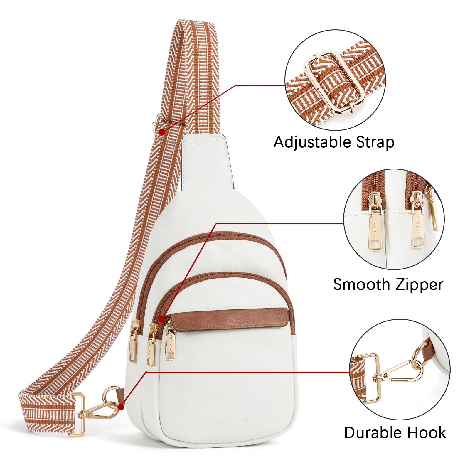 BOSTANTEN Small Leather Sling Bag for Women – RFID Blocking Crossbody Chest Bag for Travel & Daily Use (Beige)