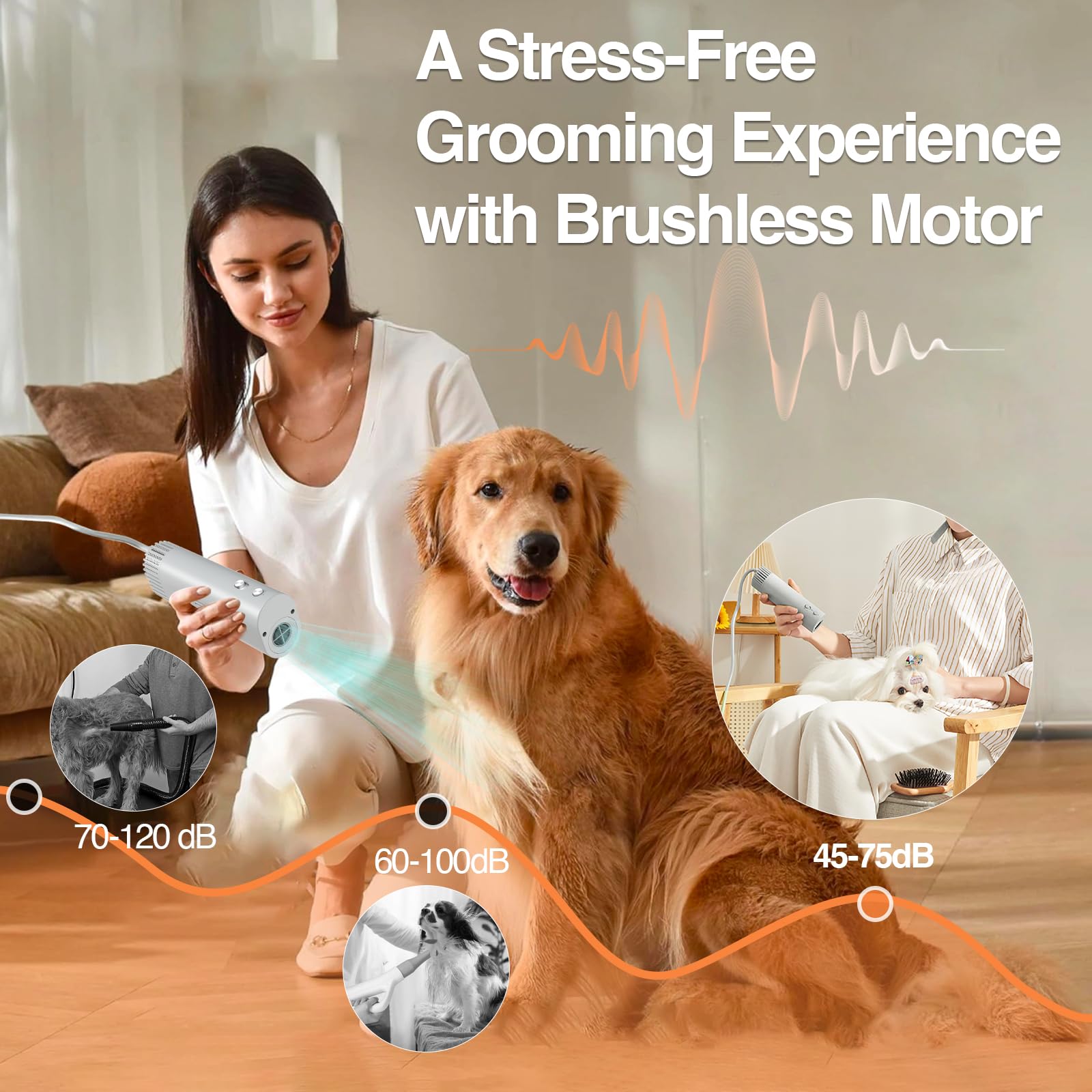 Hands-Free Pet Hair Dryer with 1400W Brushless Motor, Ultra Quiet Operation, Adjustable Heat and Speed, and Portable Grooming Design