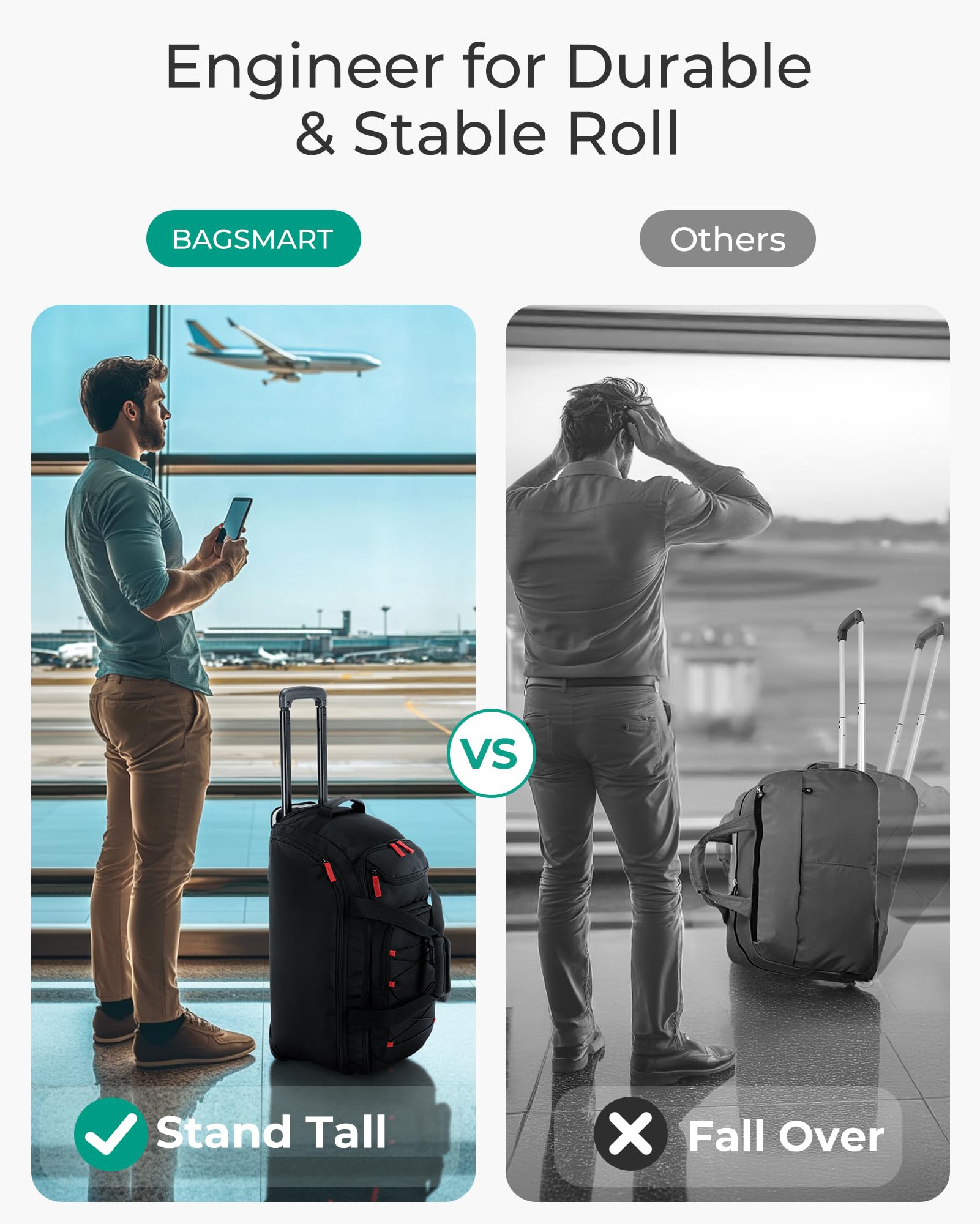 Bagsmart Rolling Duffle Bag with Wheels 36L – Airline Approved Carry-On Travel Duffel, Black