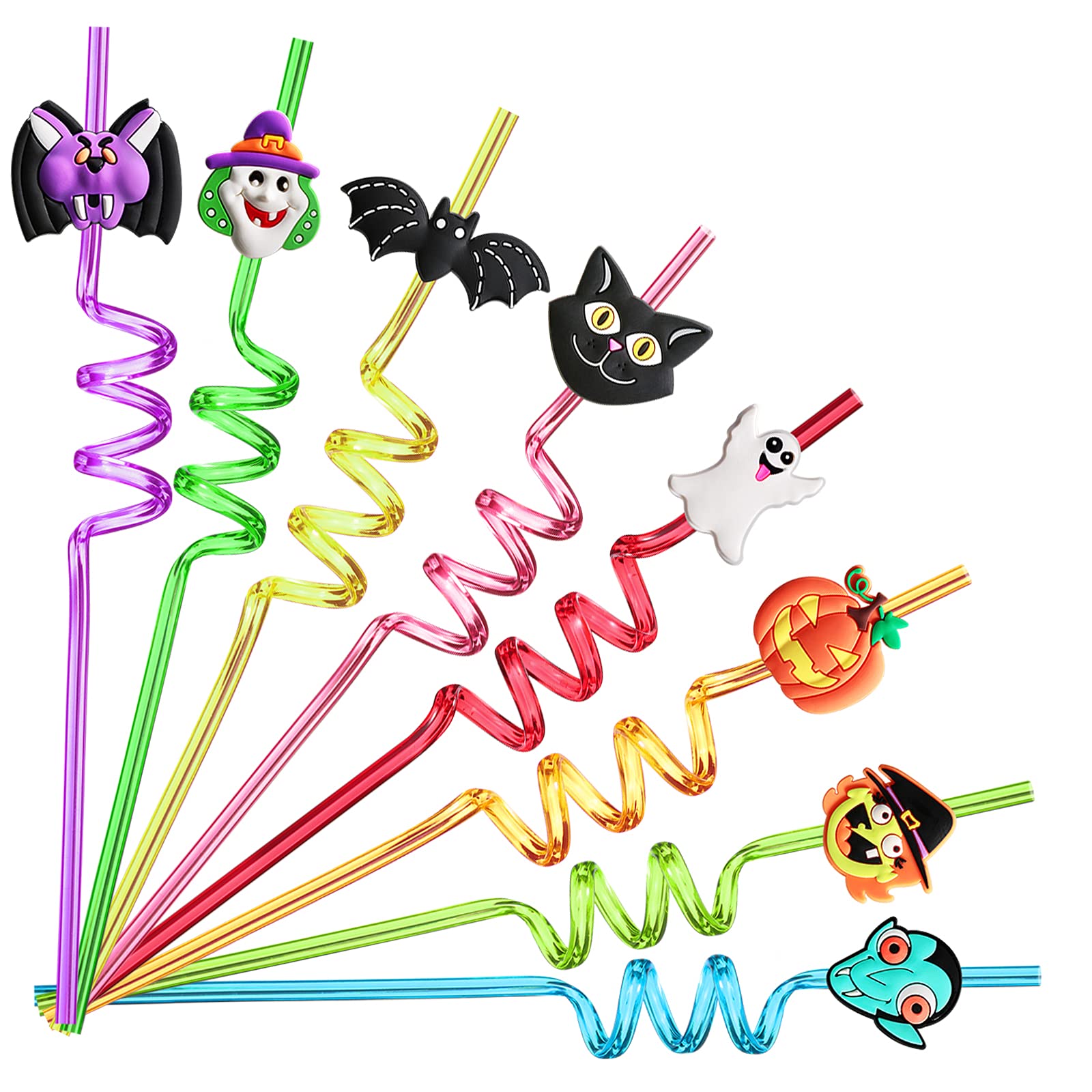 24PCS Halloween Curly Straws – Reusable Multicolor Party Straws with Bats, Ghosts, Cats, Pumpkin, Witch & Spider Patterns