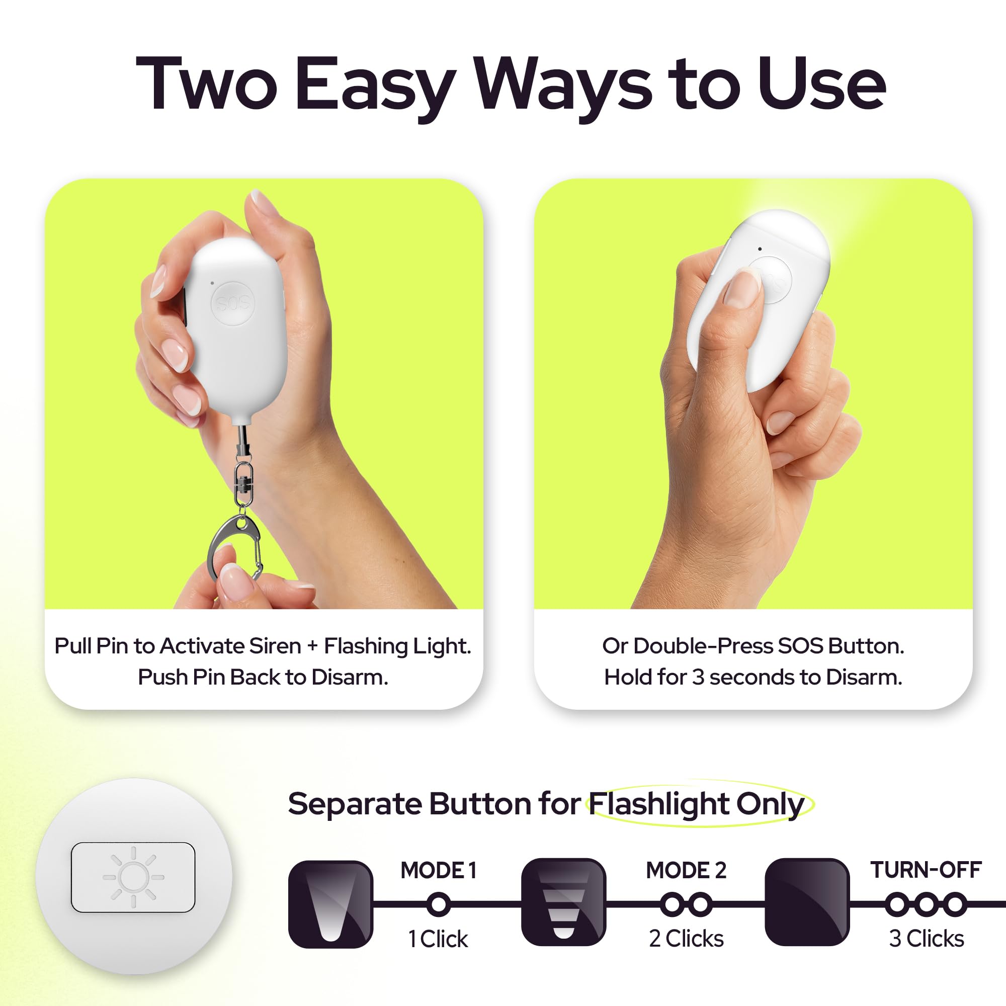 Weten Rechargeable Personal Safety Alarm Keychain – 130dB Siren with LED Light, Dual Panic Trigger (Black & White, 2-Pack)