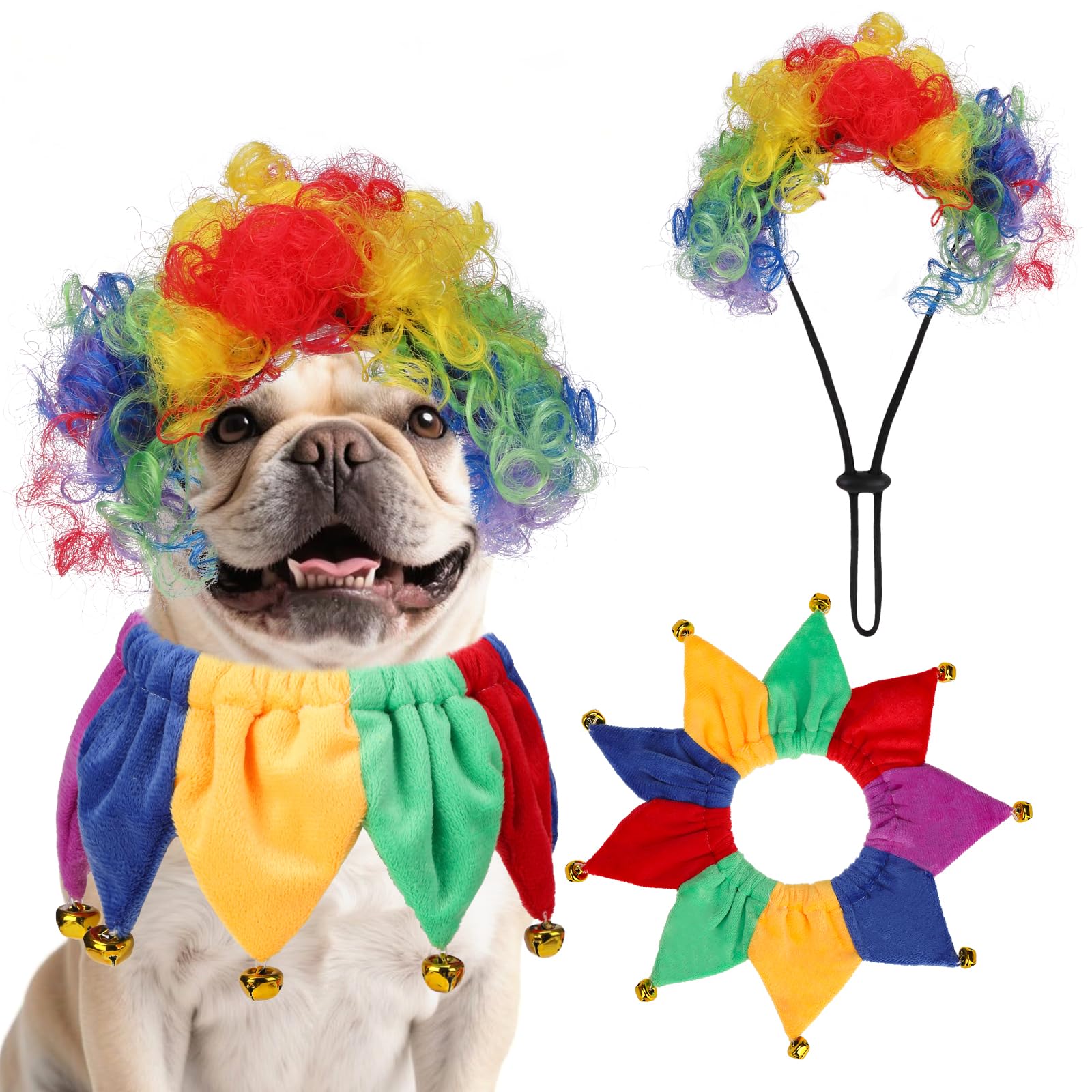 Pet Clown Costume Set – Colorful Wig & Bell Collar for Dogs and Cats (Adjustable Fit)