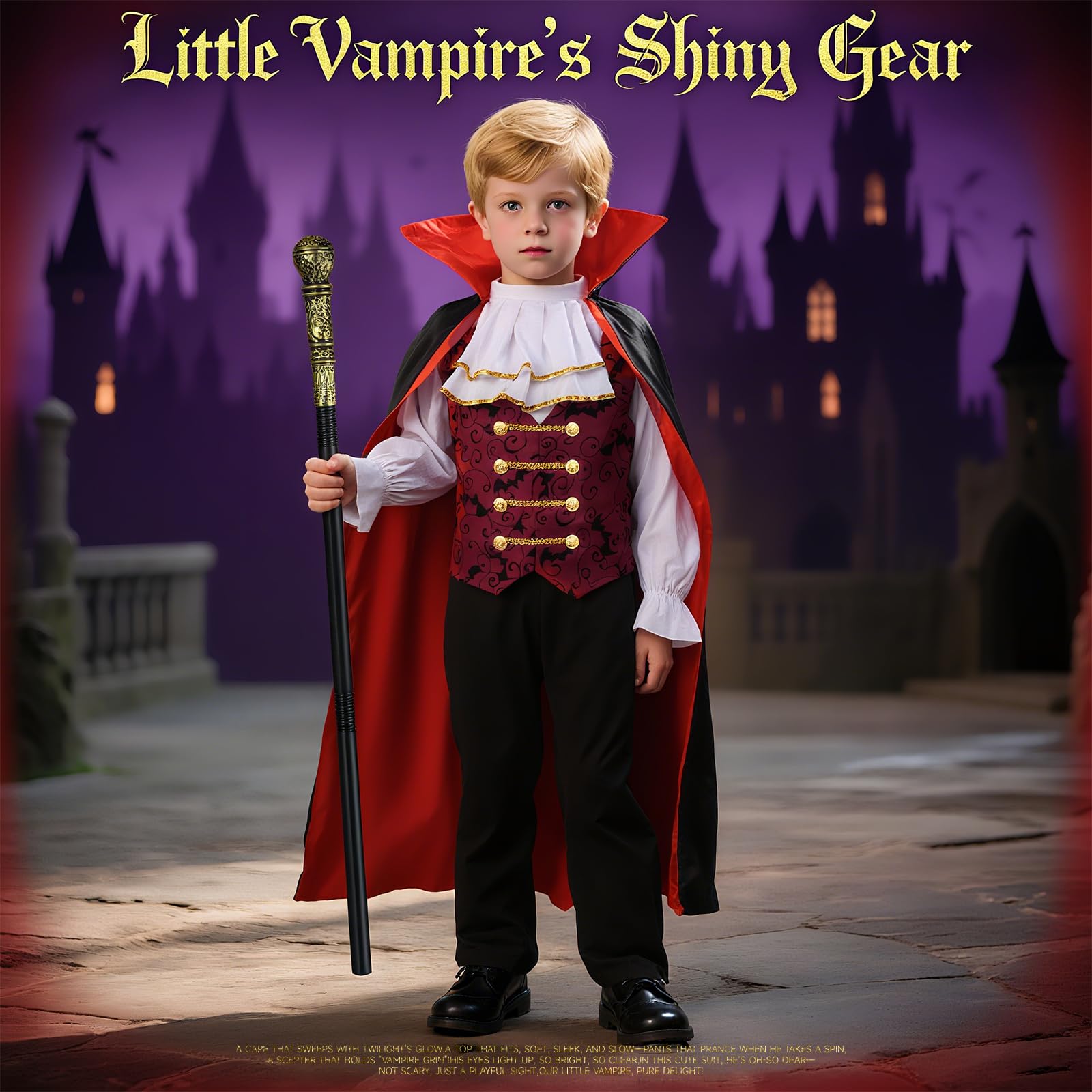 Kids Red Count Dracula Costume Set – Cape, Top, Pants & Scepter (Ages 4–12)