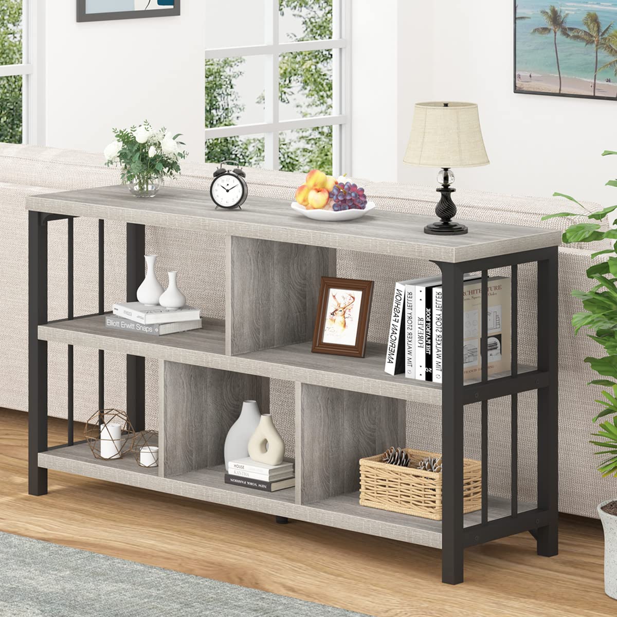 5-Cube Industrial Storage Organizer – Modern Horizontal Bookcase & TV Stand with Metal Frame (Light Grey Oak)