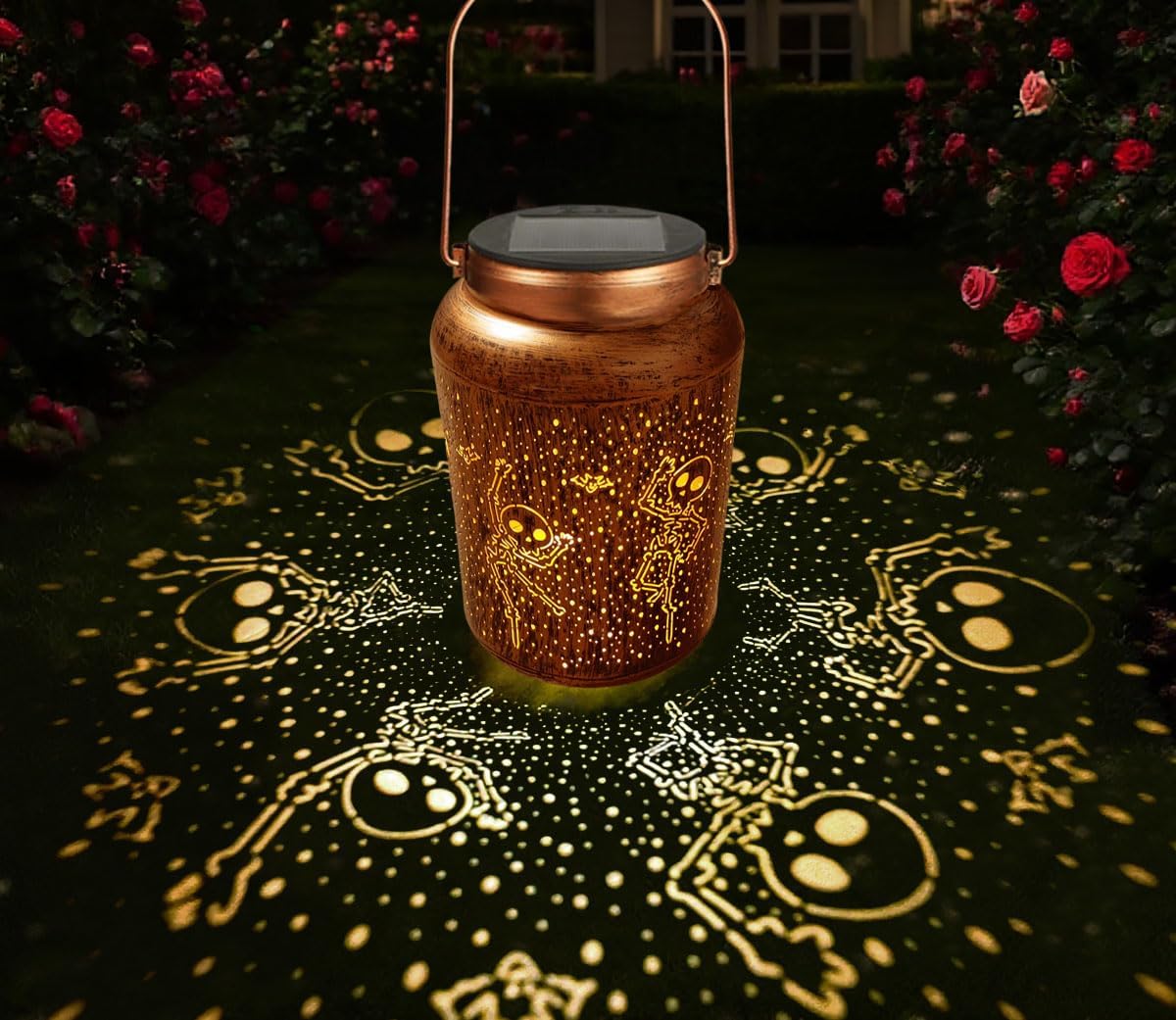 Solar Halloween Lantern – Retro Gold Copper Metal Design with Warm White Light & Auto On/Off (Waterproof Outdoor Decoration)