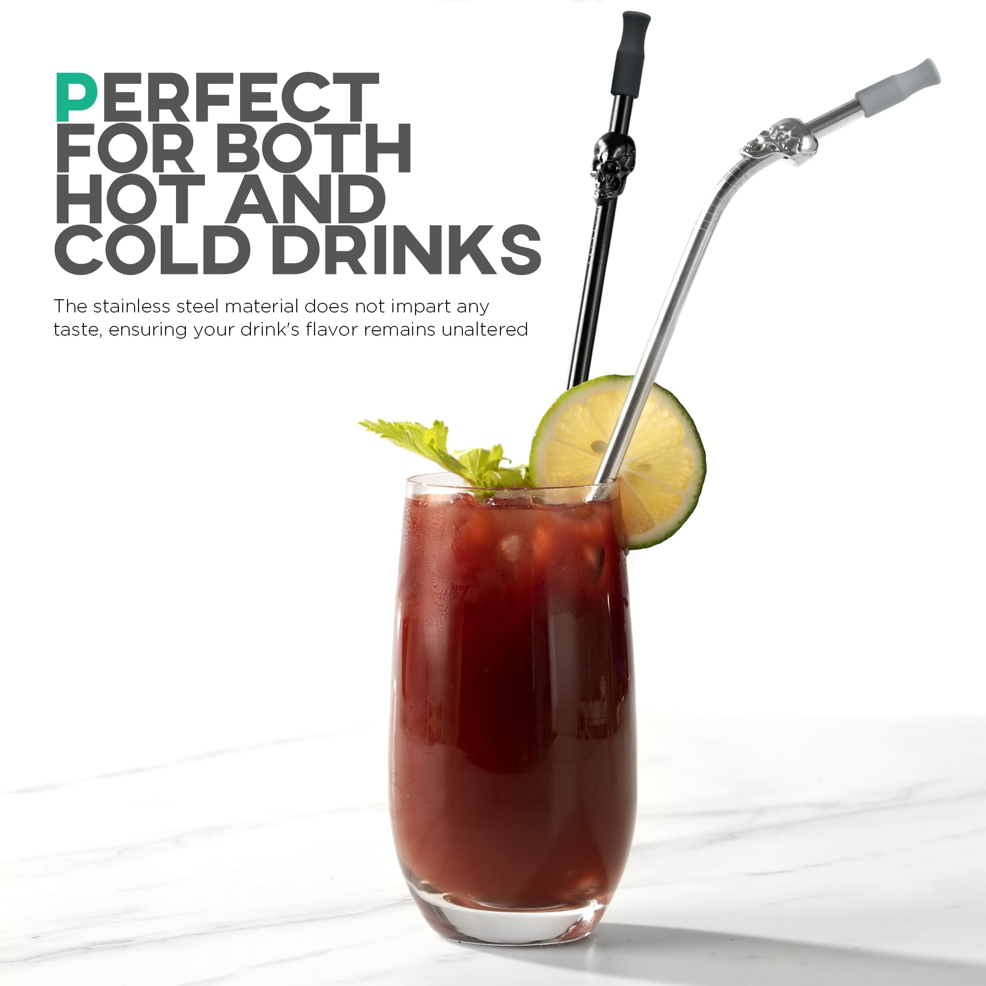Stainless Steel Skull Straw Set – 10.5” Reusable Silver Black Straws (4PCS + Cleaning Brush + Carry Bag)
