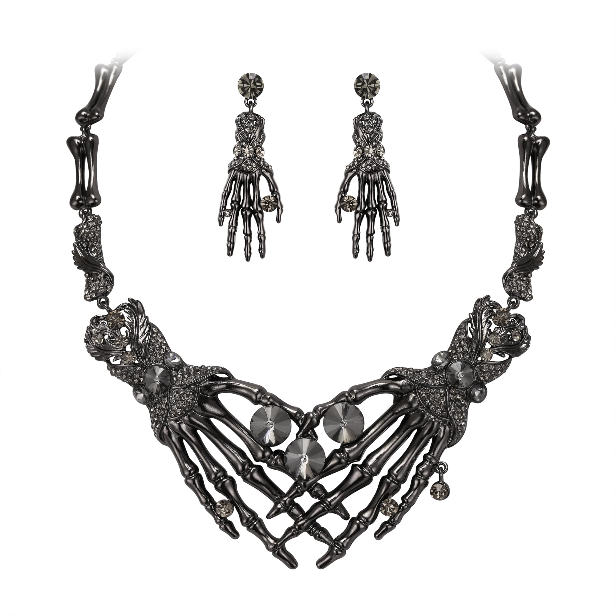 Gothic Halloween Jewelry Set – Gray Black-Tone Necklace & Earrings by Ever Faith