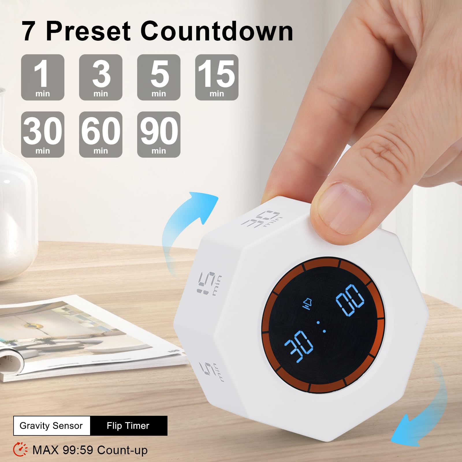 Kaflin Small Rechargeable Pomodoro Timer with Gravity Sensor, 7 Preset Times & Count-Up Mode, Compact Digital Timer for Work, Study & Kitchen – Pearl White