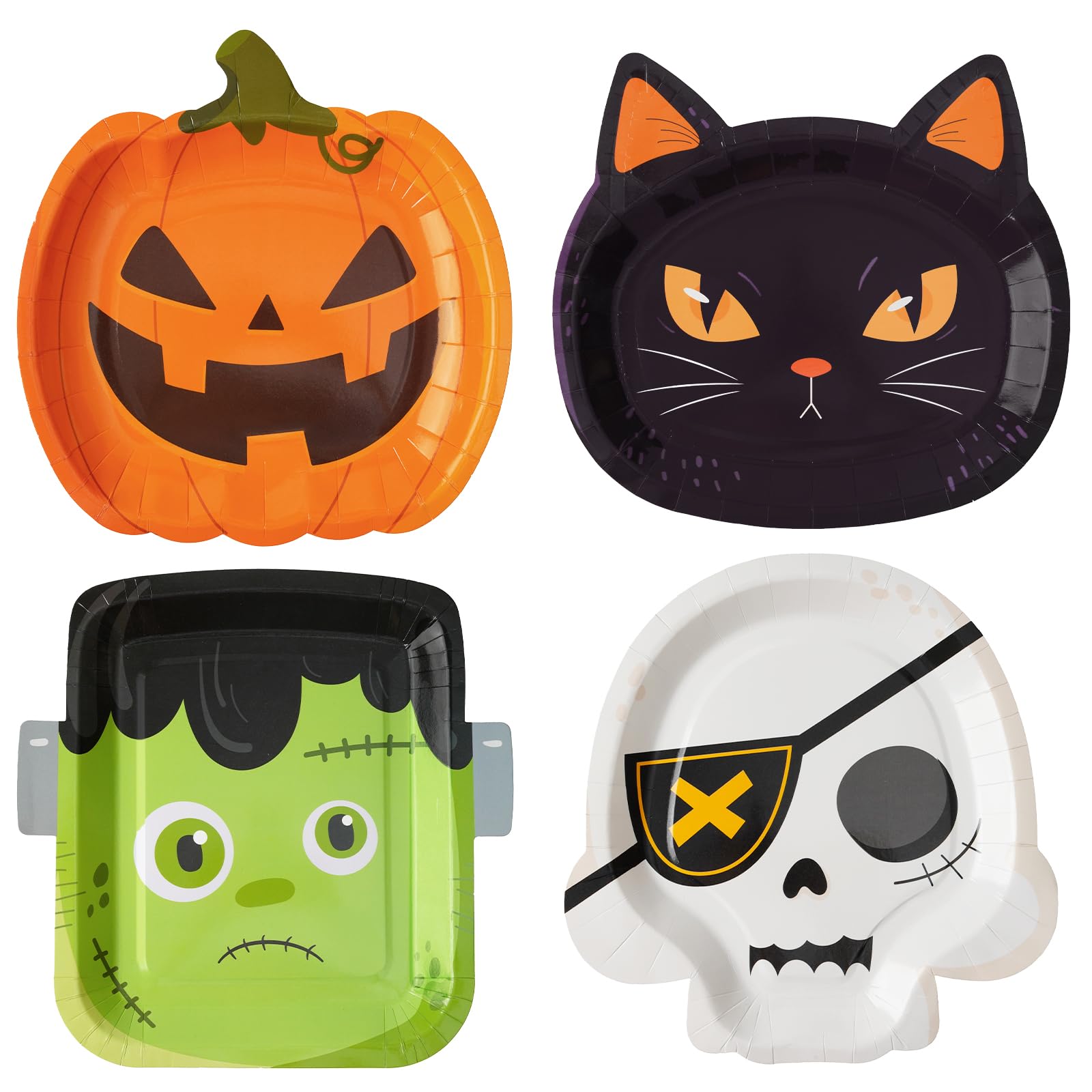 Halloween Plates Set – 48 Pcs Disposable Multicolor Plates with Pumpkin, Cat, Frankenstein & Skull Designs for Spooky Parties