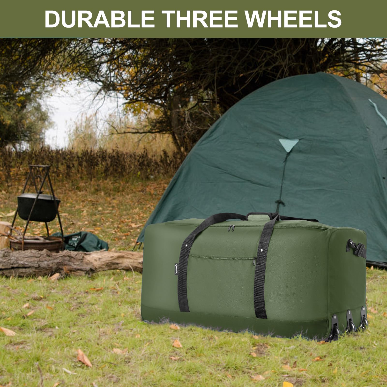 Finnhomy 120L Foldable Rolling Duffel Bag with 3 Wheels, Lightweight Extra Large 32-Inch Travel Duffel with Shoulder Strap (Green)