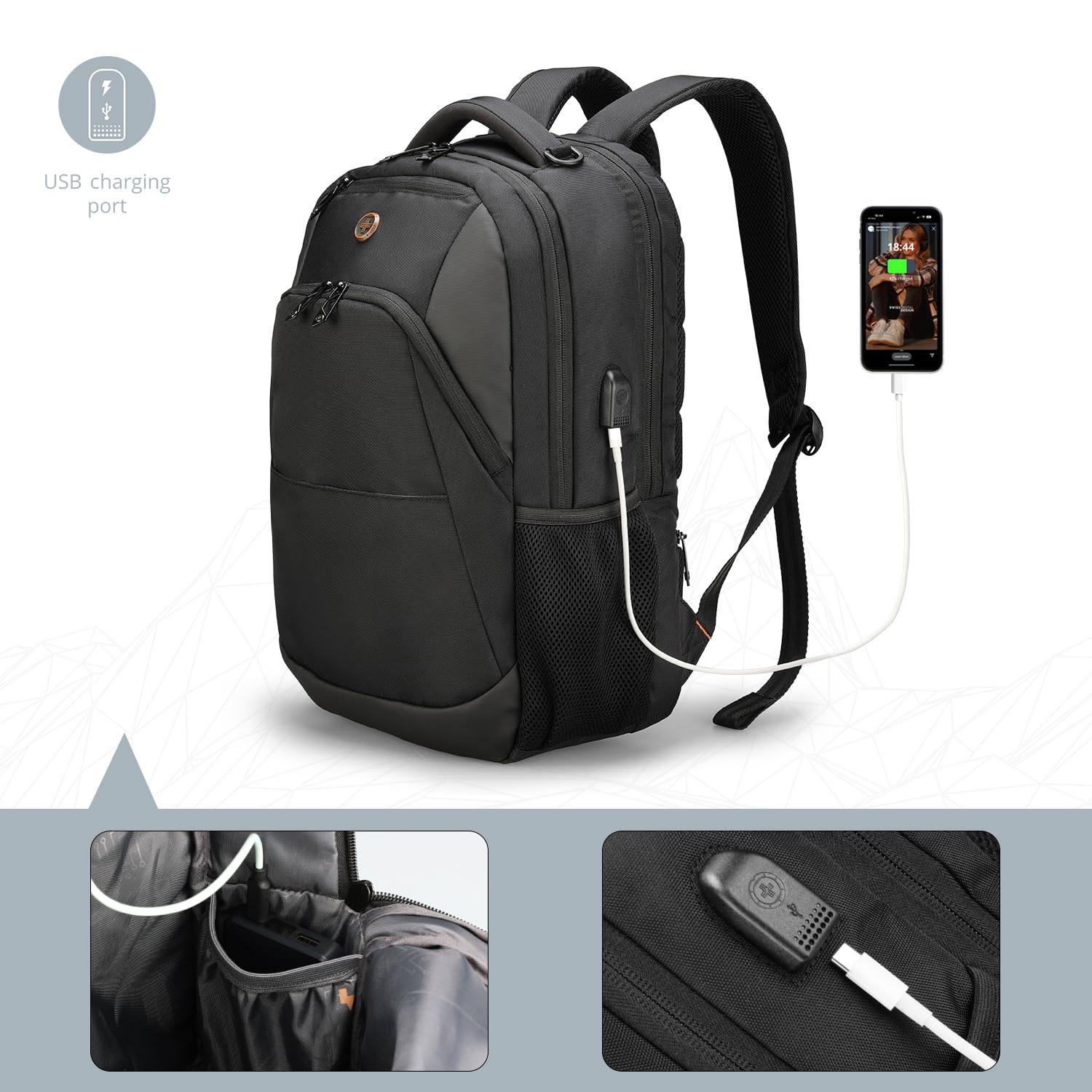 Design Travel Laptop Backpack with RFID Protection & USB Charging – 16″ College & Business Backpack (Black)