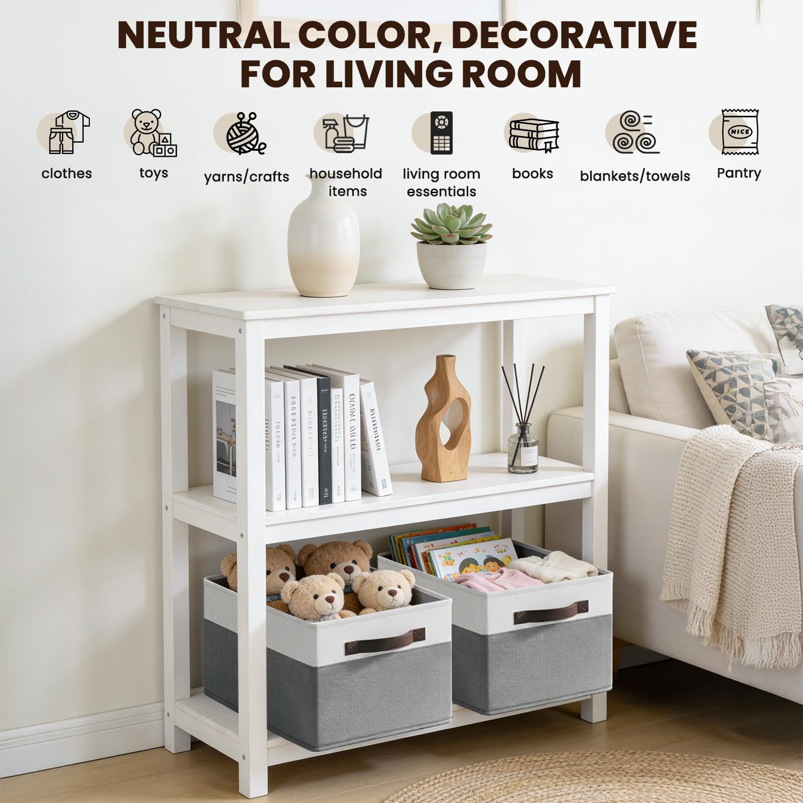 Large Fabric Closet Storage Baskets (4-Pack) – Decorative Collapsible Organizer Bins with Handles, White & Grey