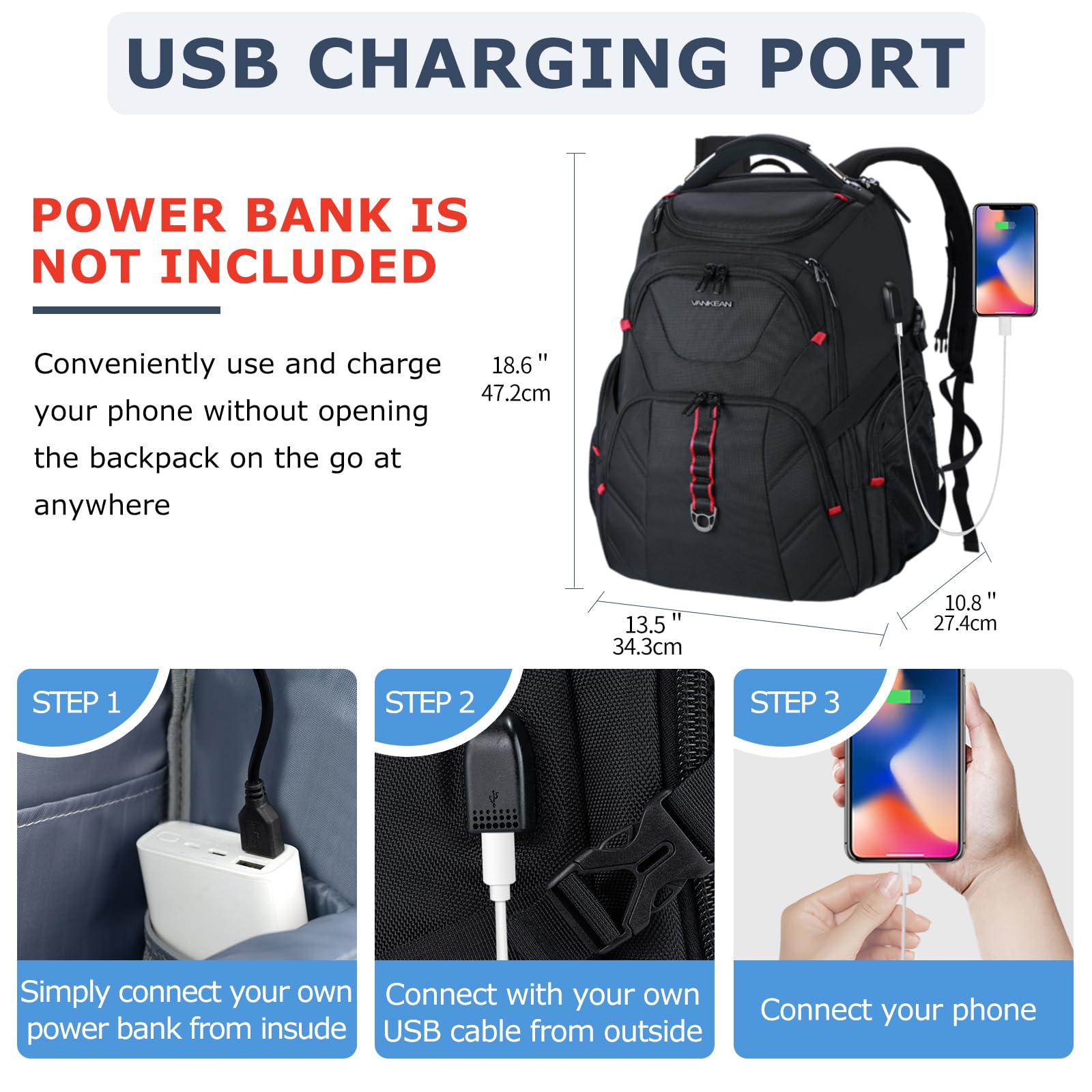 VANKEAN 17.3” TSA-Friendly Anti-Theft Laptop Backpack with RFID & USB Charging – Extra Large – Black