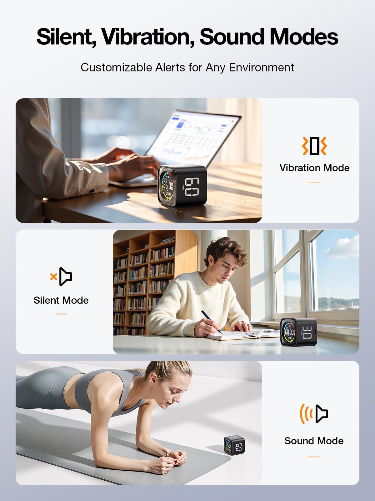 TK3 Pomodoro Timer Cube with Auto 25/5 Cycles, Flip Countdown, Stopwatch & Desk Clock, Rechargeable Focus Timer with Silent, Vibration & Sound Alerts – Black