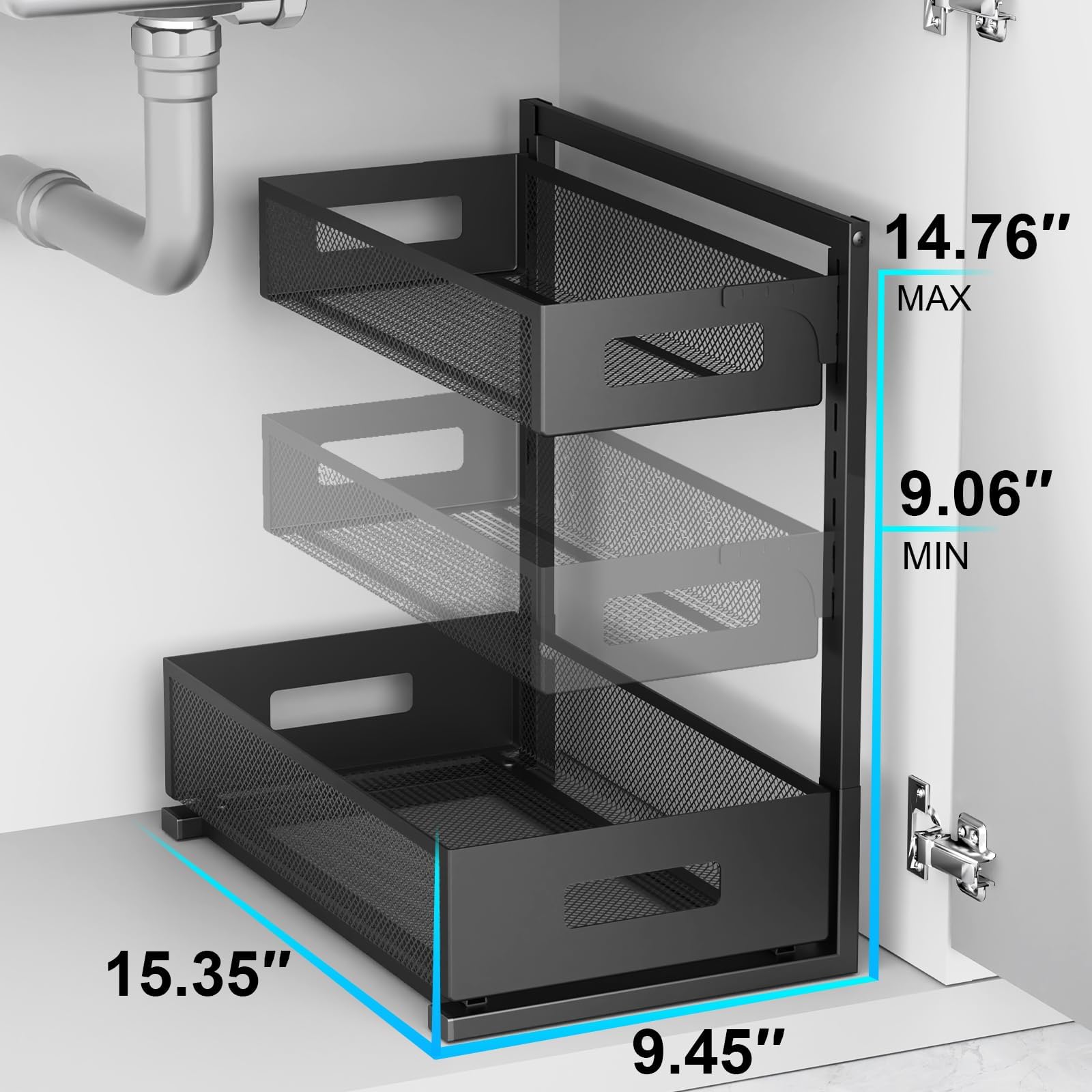 Petiza Adjustable Under Sink Organizer – 2 Tier Pull-Out Cabinet Storage (Black)