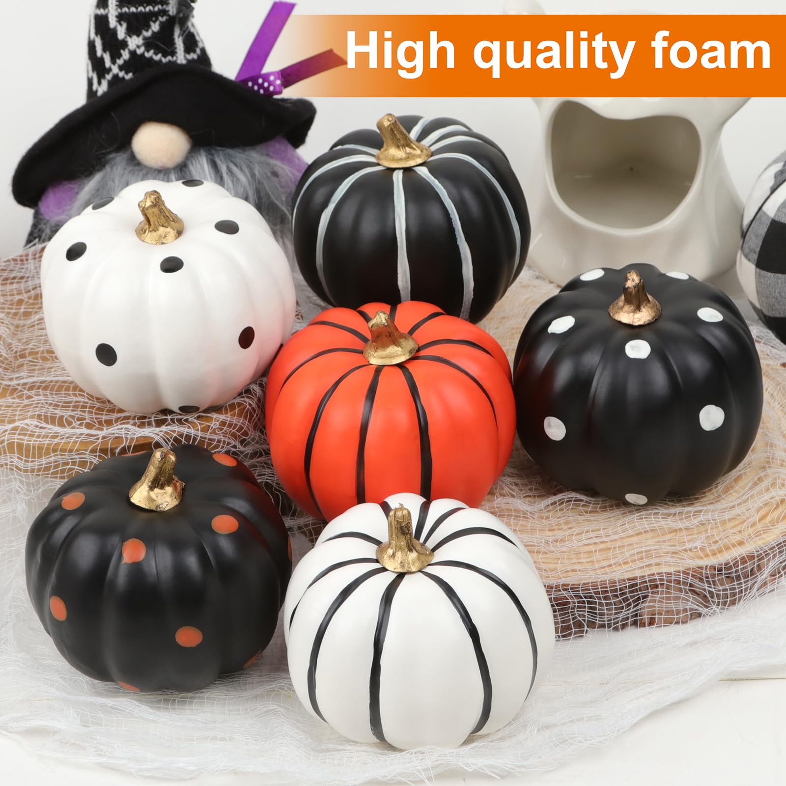 Hand-Painted Black & White Halloween Pumpkins Set – 6 Foam Decorative Pumpkins with Dots & Stripes
