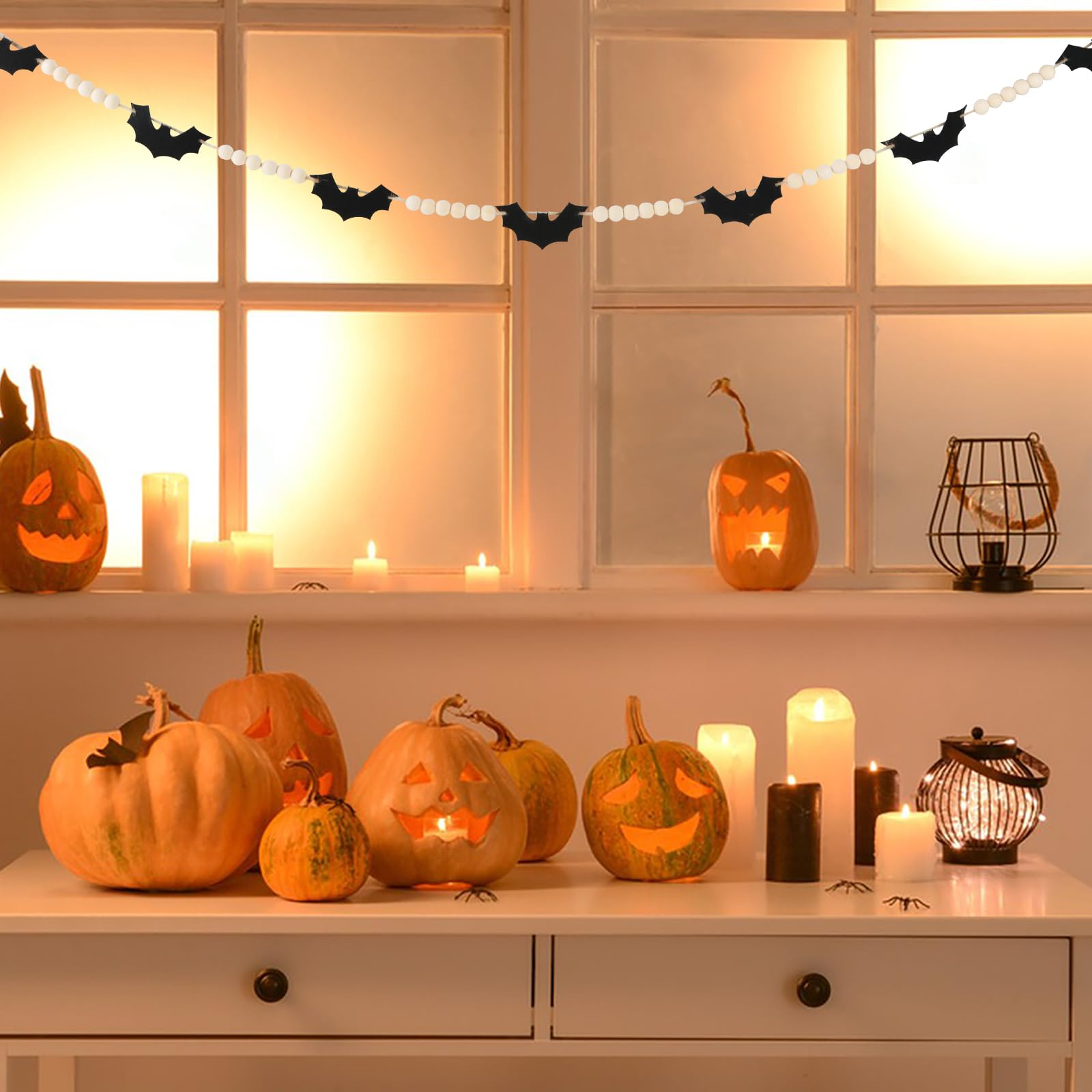 Black Felt Bat & Wood Bead Garland 🎃 – 5ft Rustic Halloween Mantel Banner for Spooky Home Décor
