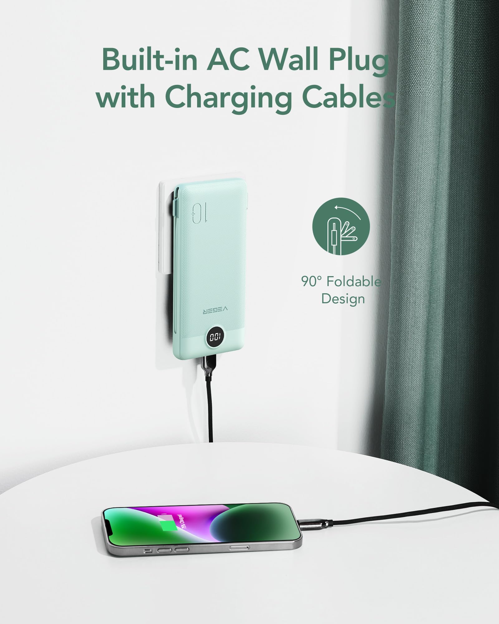 Slim 10000mAh Portable Charger with Built-In Cables & Wall Plug – Fast Multi-Device Power Bank