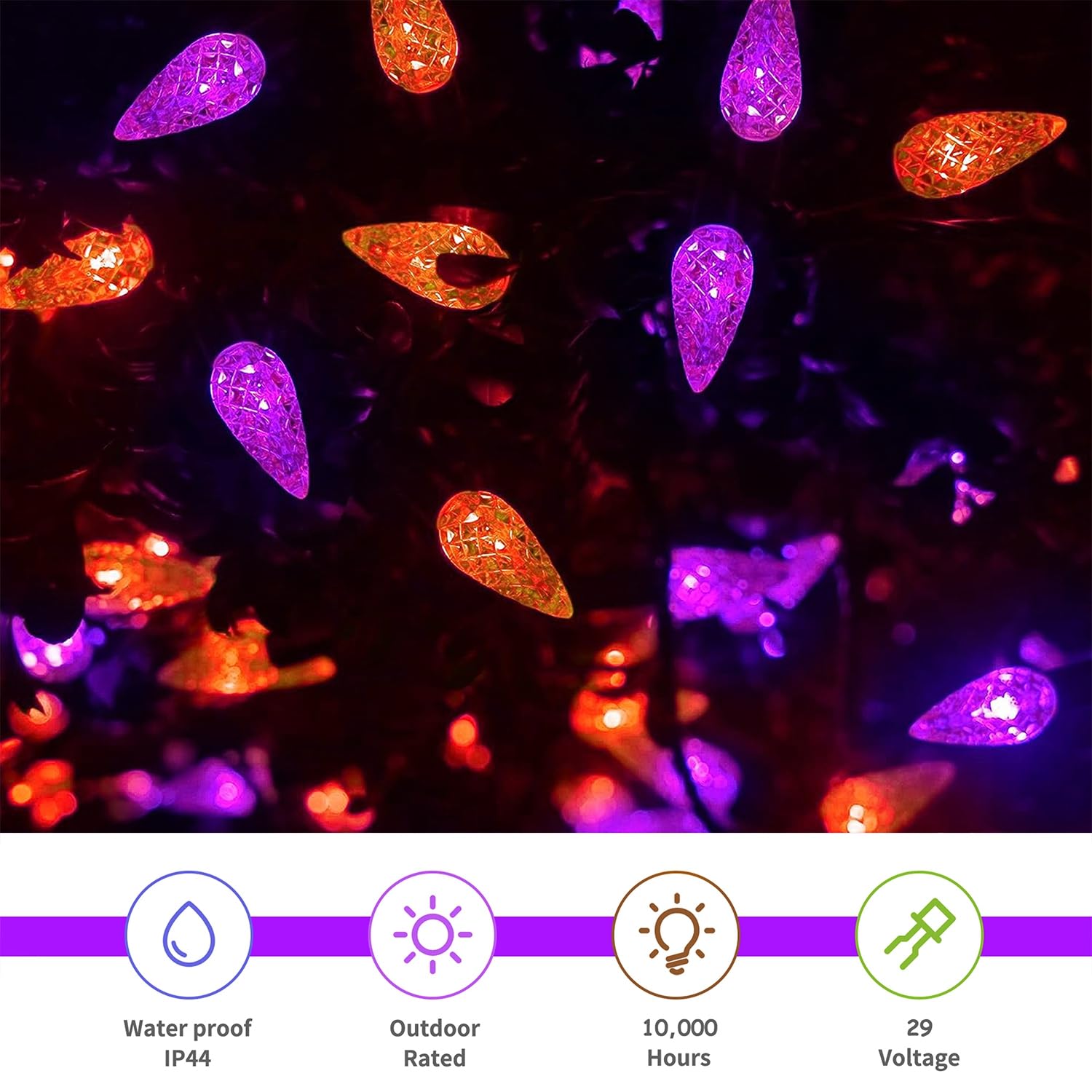 Halloween Orange & Purple C6 String Lights – 100 LED, 42.8ft, 8 Modes, Waterproof, Indoor/Outdoor Spooky Décor