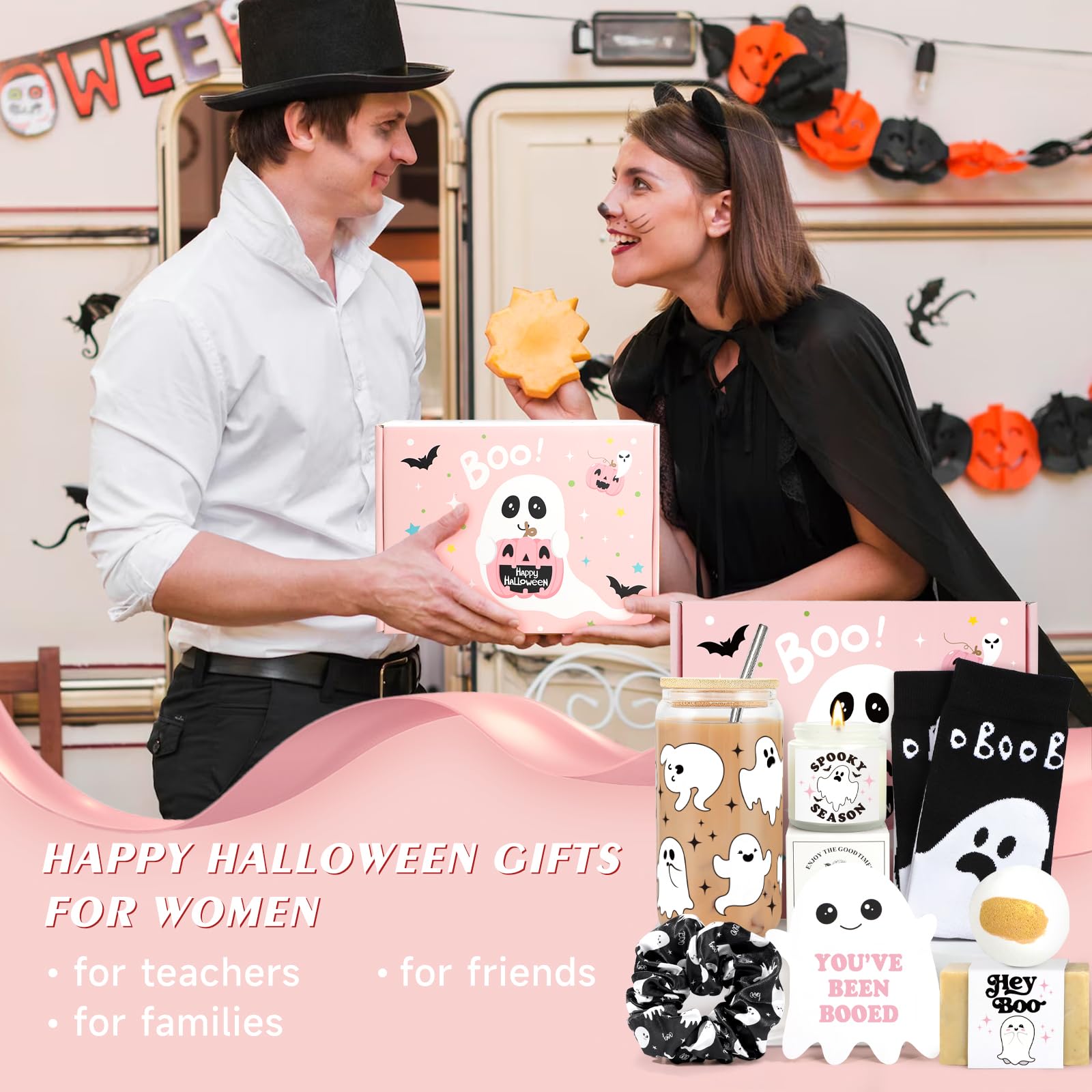 Pink Halloween Gift Box for Women – 7-Piece “Spooky Season” Gift Set with Ghost Cup, Candle, Socks, Bath Bomb & Greeting Card