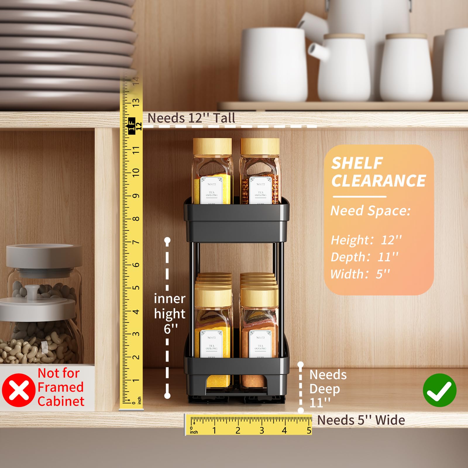 Slim Pull-Out Spice Rack Organizer – 3-Pack Slide-Out Cabinet Storage for Narrow Spaces (Black)