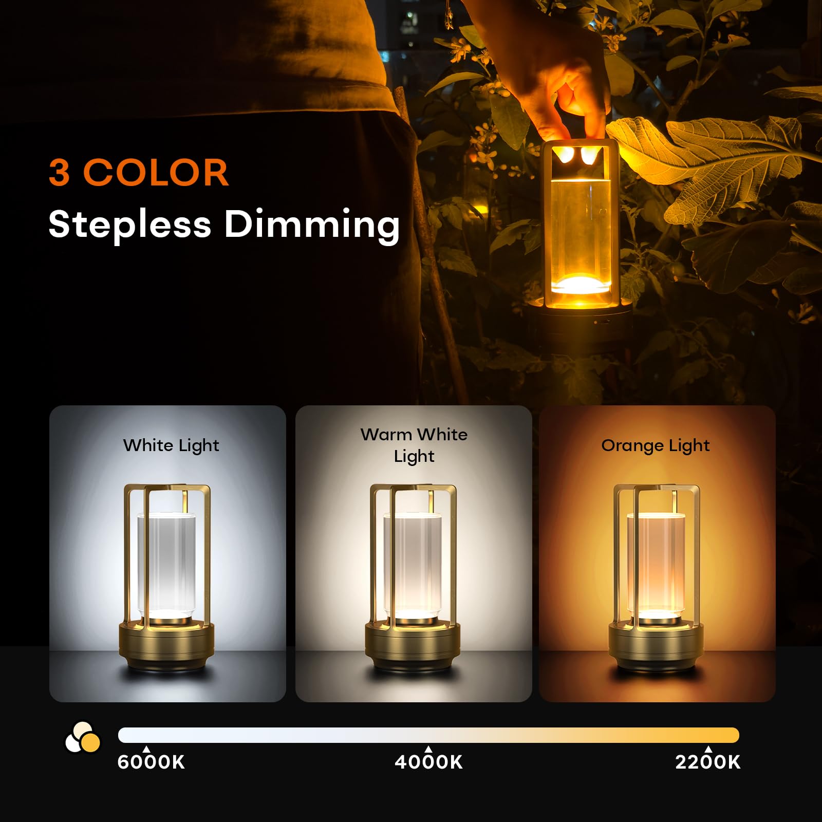 Portable Rechargeable Cordless LED Table Lamp Touch Dimmable Metal Ambient Desk Light for Indoor Outdoor Use