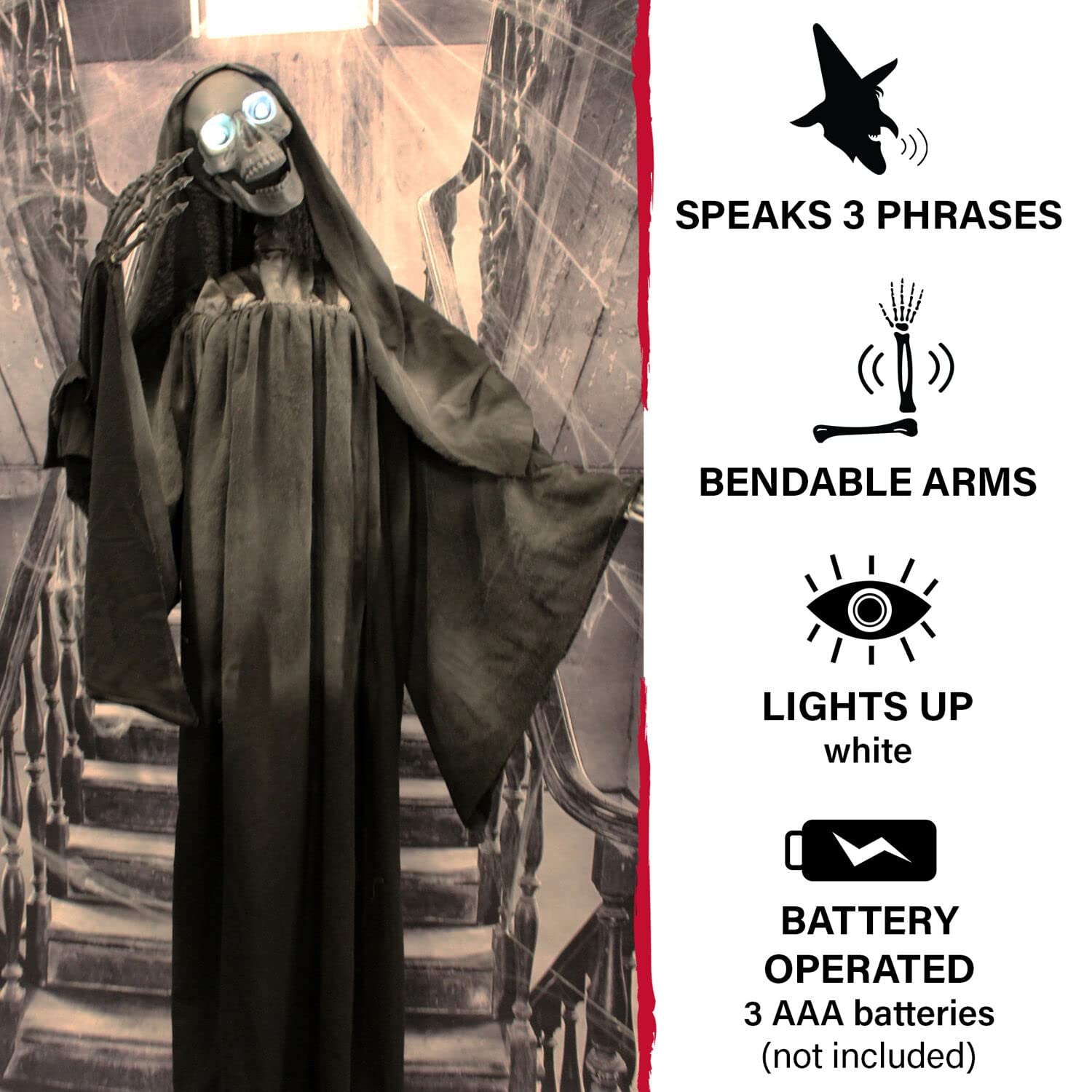 Haunted Hill Farm 63-in. Talking Reaper Halloween Animatronic, Indoor or Outdoor Halloween Decoration with Flashing White Eyes, Poseable and Battery Operated Fright Props for Home or Haunted House
