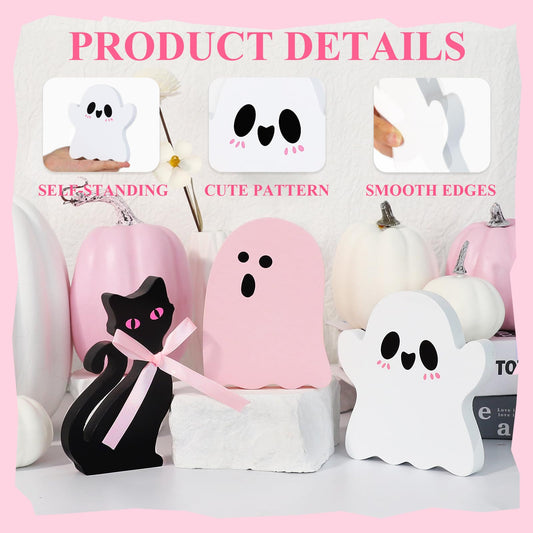 Pink Halloween Wooden Decor Set – 3-Piece Ghost & Cat Wooden Signs for Cute Tiered Tray or Tabletop Display