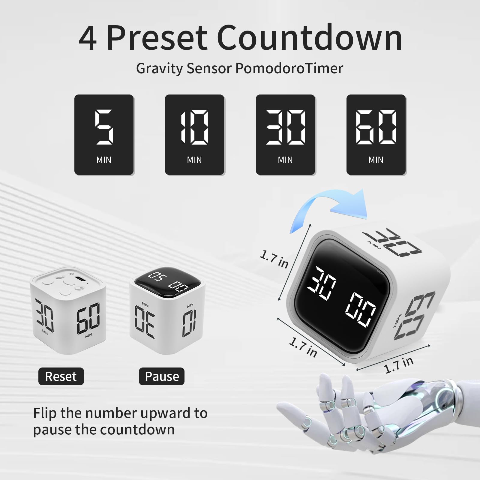Productivity Timer Cube with Flip Control, Custom Countdown & Count-Up, Silent Vibration Desk Timer for Work, Study & Kitchen – White