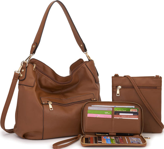 Large Crossbody Handbag Set for Women – 3PCS Hobo Shoulder Bag, Crossbody Purse & RFID Wallet (Brown)