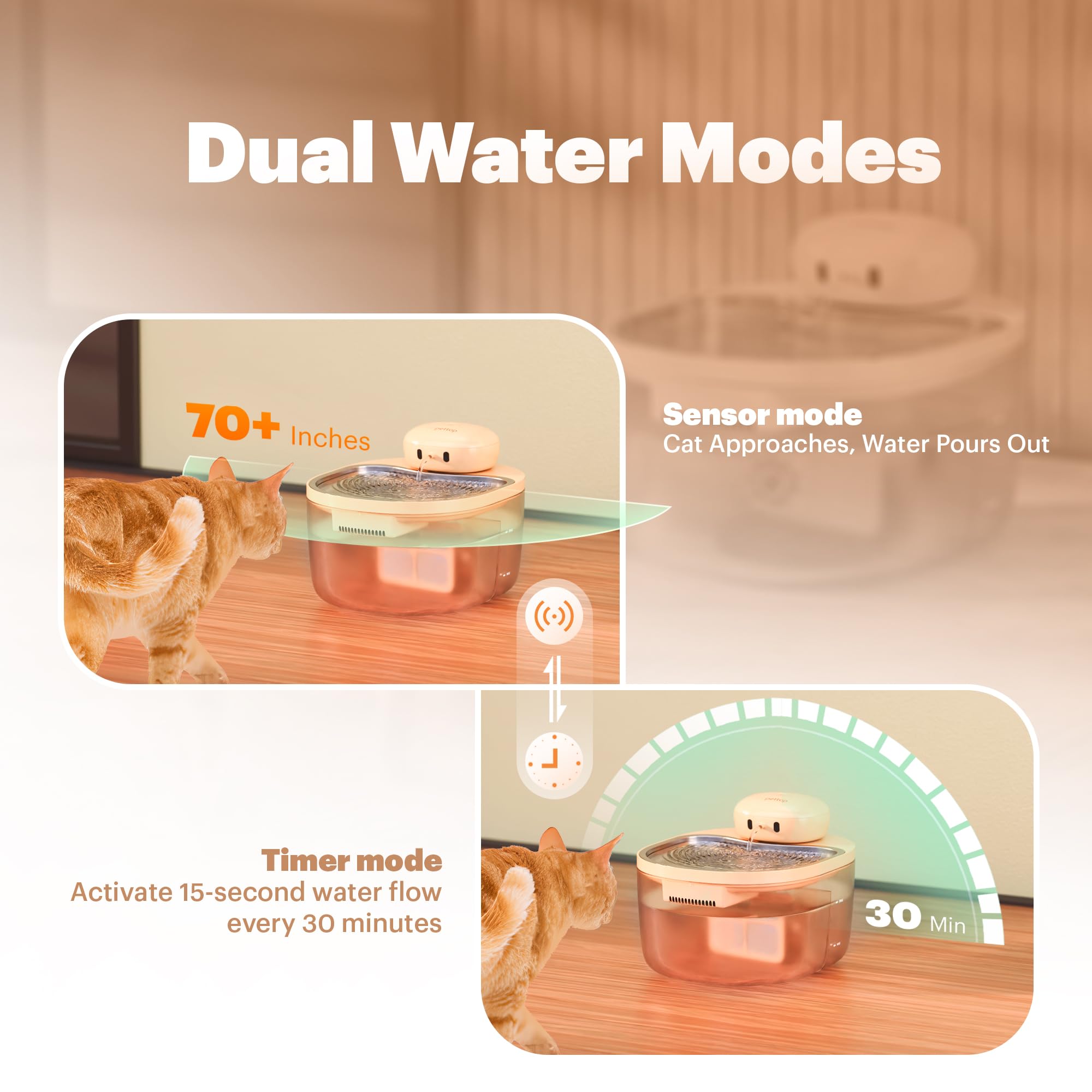 Apricot Pink Cordless Pet Water Fountain 3L – Pump-Free Vacuum System with Sensor & Timer Modes