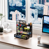 Marbrasse Mesh Desk Organizer with Drawer Multi-Compartment Pen Holder Office Supplies Storage Caddy Black