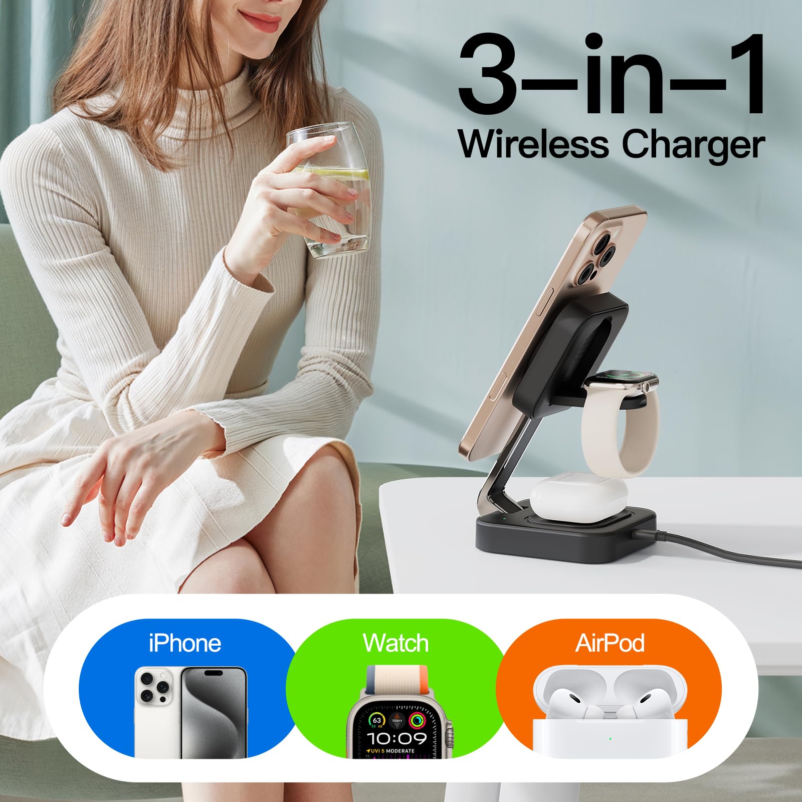 3-in-1 Foldable Magnetic Wireless Charging Station – Fast MagSafe Charger Stand for iPhone, Apple Watch & AirPods Portable Charging Dock