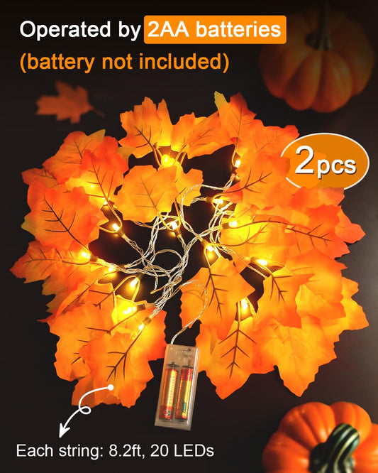 Maple Leaf String Lights – 2 Pack 8.2ft Battery Operated Fall Garland with 40 LEDs & 80 Leaves, Warm Yellow Thanksgiving & Autumn Decor