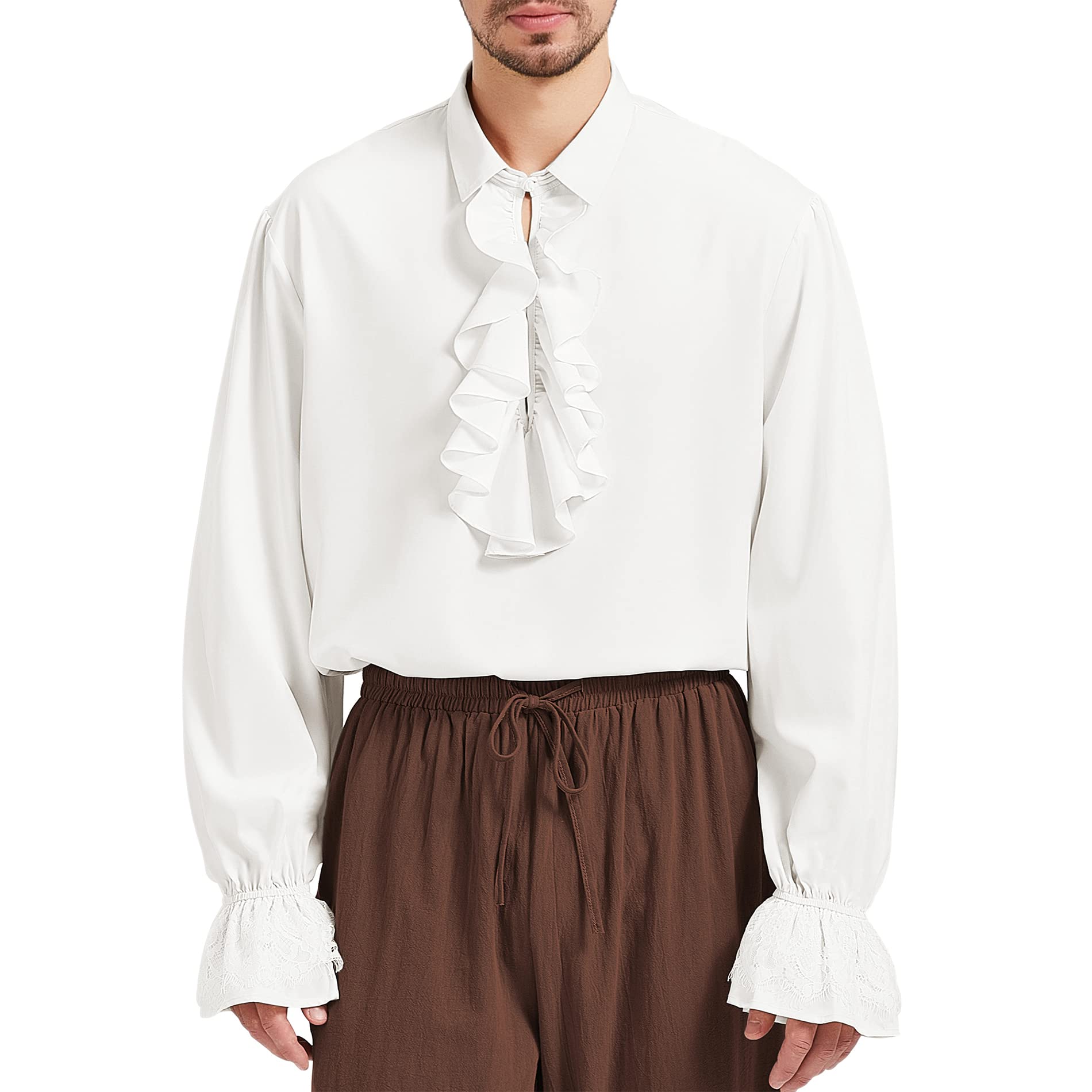 Men’s White Pirate Renaissance Shirt – Ruffled Medieval Long Sleeve Top for Halloween & Cosplay ⚓👔