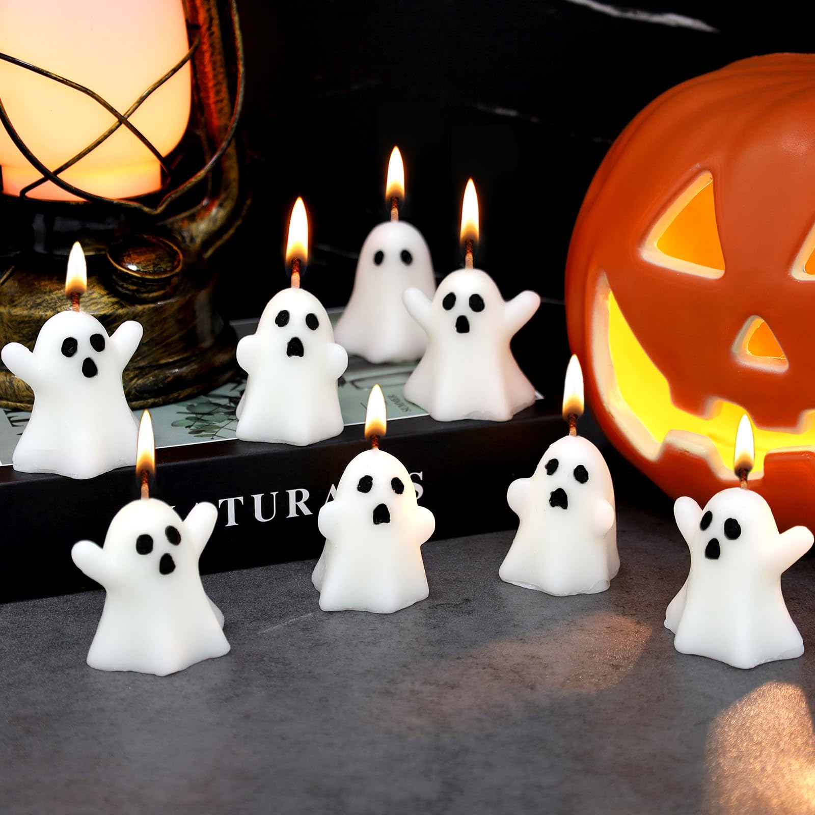 12 PCS Halloween Ghost Candles Spooky Candles White Floating Candles Halloween Decorative Tabletop Candle White Dripless Wax Burning Candle for Holidays Party