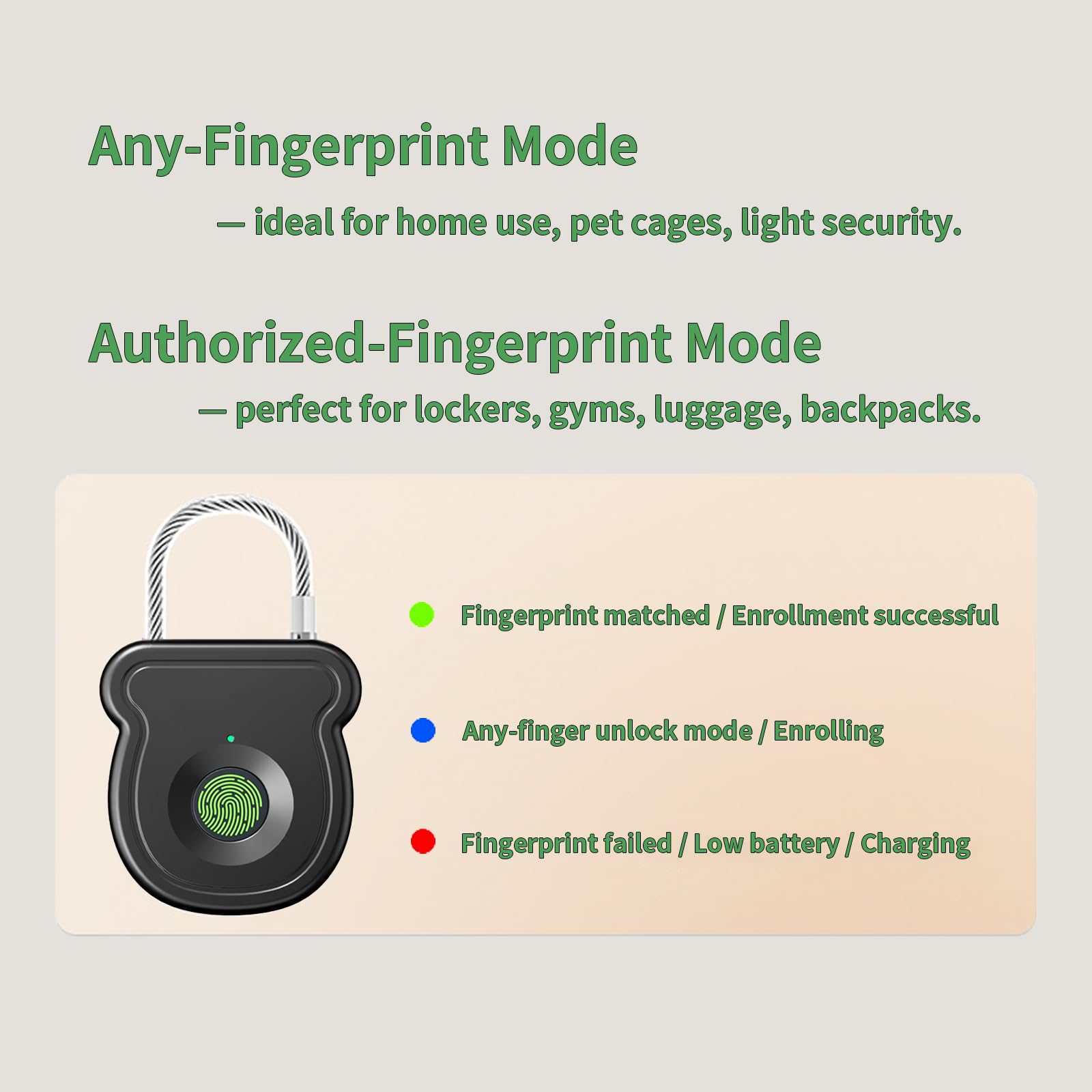 Ultra-Fast Fingerprint Cable Padlock, USB Rechargeable Biometric Security Lock for Gym Locker, Luggage & Outdoor Gear
