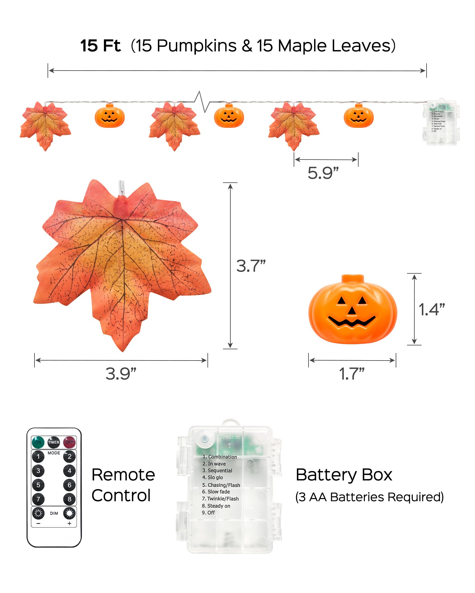 Pumpkin & Maple Leaf Halloween String Lights – 15FT Battery-Powered Warm White LEDs with Remote, 8 Modes & Timer (Waterproof, Indoor/Outdoor)