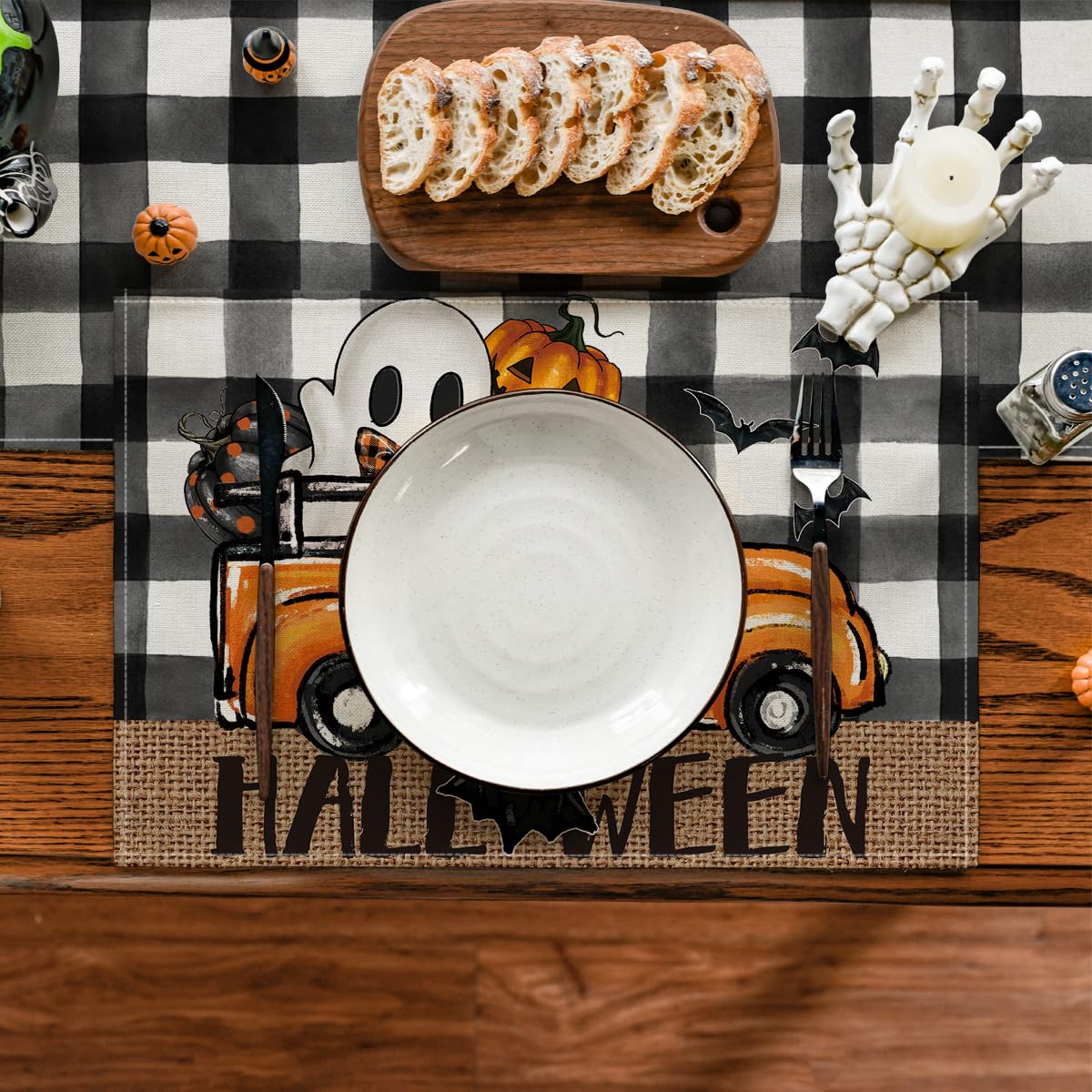 Artoid Mode Halloween Placemats Set of 4 – Black & Beige Polyester Table Mats for Dining & Party Decor