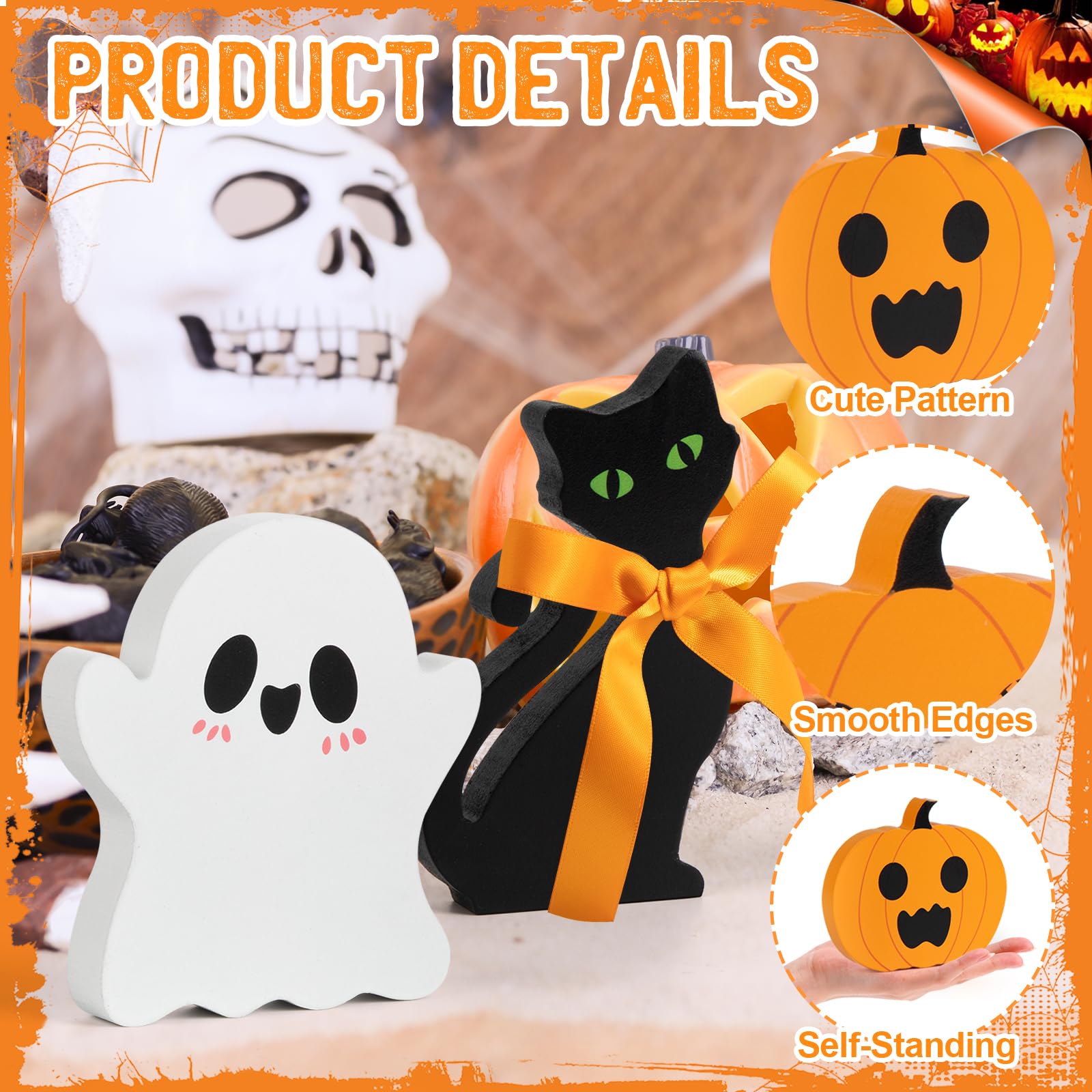 Wooden Halloween Tiered Tray Decor Set – Pumpkin, Ghost & Black Cat Signs (3 Pieces)