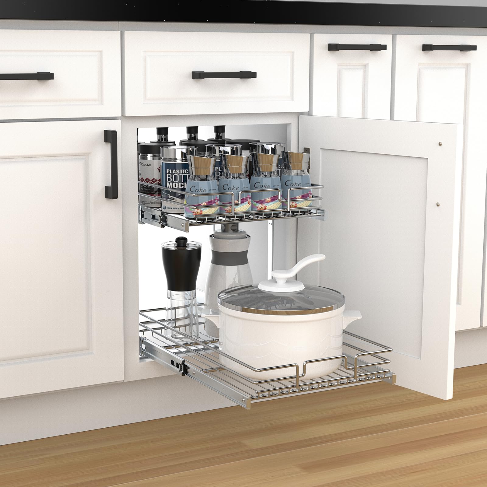 2-Tier Chrome Pull-Out Cabinet Organizer – Heavy-Duty Adjustable Slide-Out Shelves for Base Cabinets (No Door Mount)