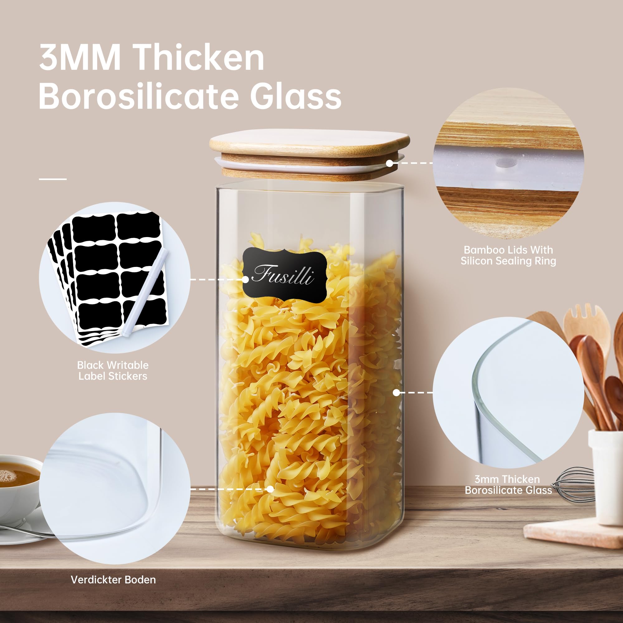 Square Glass Pantry Jars with Bamboo Lids – 5-Piece Borosilicate Storage Set (Multi Size)